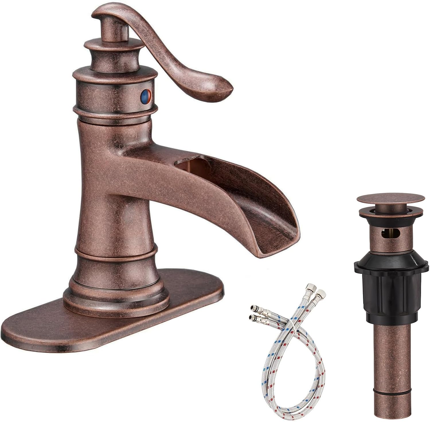 Bathroom Sink Faucet Waterfall Bath Faucets & Parts with Pop Up Drain Stopper Copper Farmhouse Antique Vanity Single Handle Single Hole Commercial Rustic Supply Lines Hose by Bathfinesse