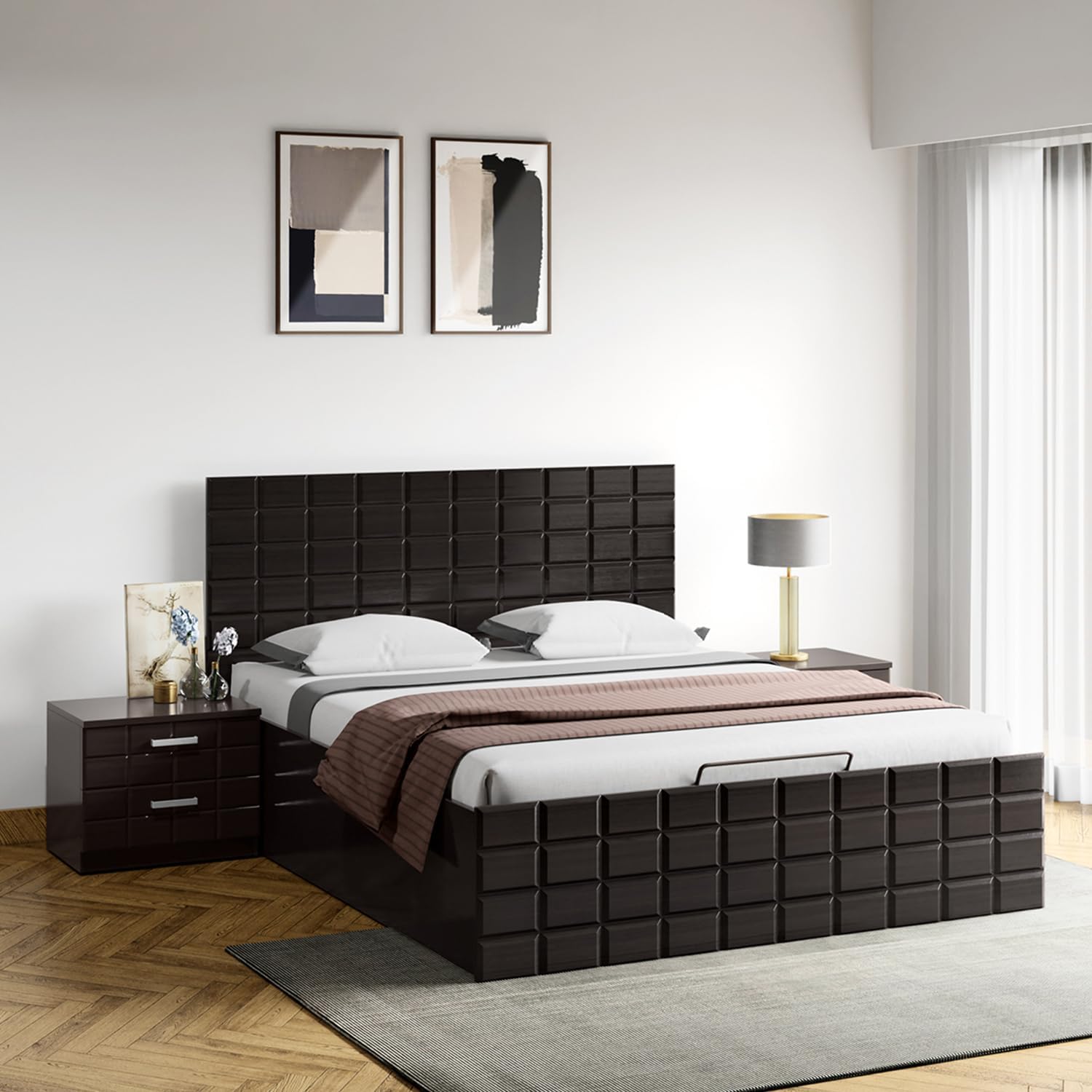 Godrej Interio Bed, Chocolate Queen Size Engineered Wood Bed with Full Hydraulic Storage, 1-Year Warranty, Cola Rain, Particle Board