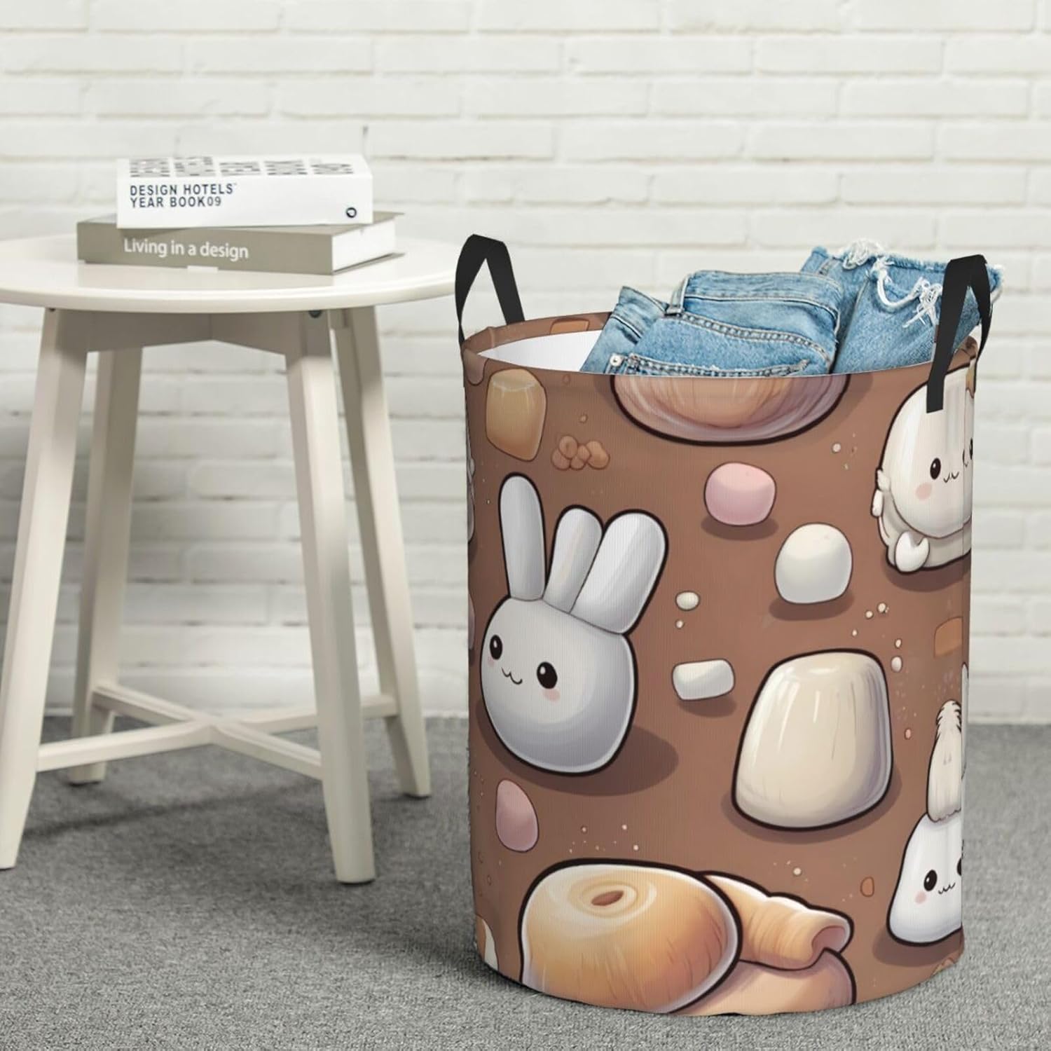 Cute pattern marshmallow Round Single-layer Laundry Basket, Portable Storage Laundry Basket, Bedroom Clothes Storage Basket with Handle