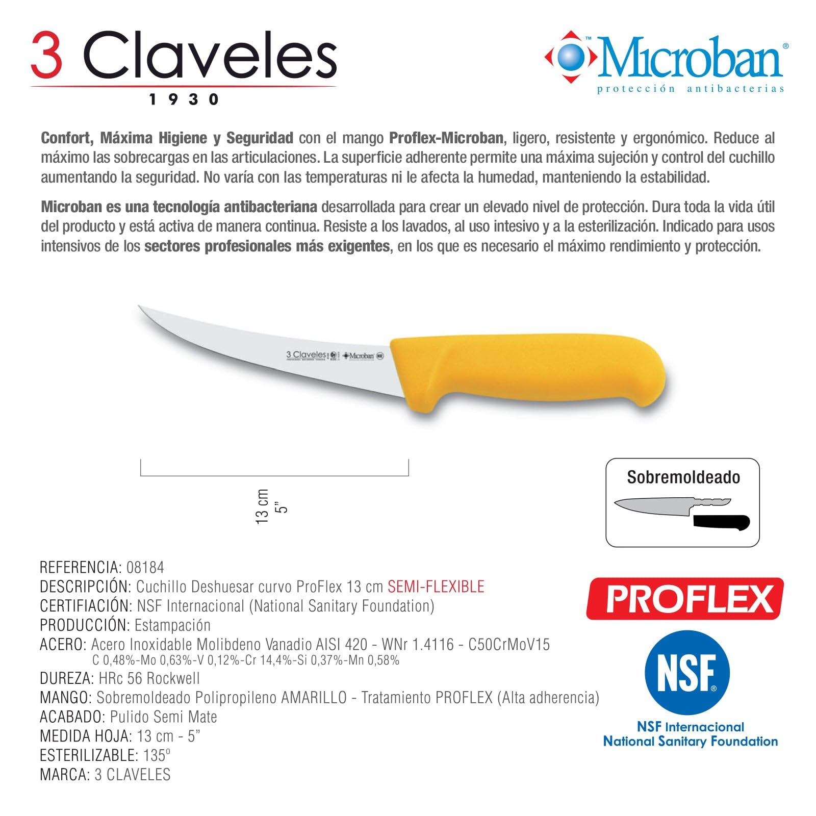 3 CLAVELES 8184 Cuchillo deshuesar semi-flexible curvo Proflex acero inoxidable amarillo 13 cm