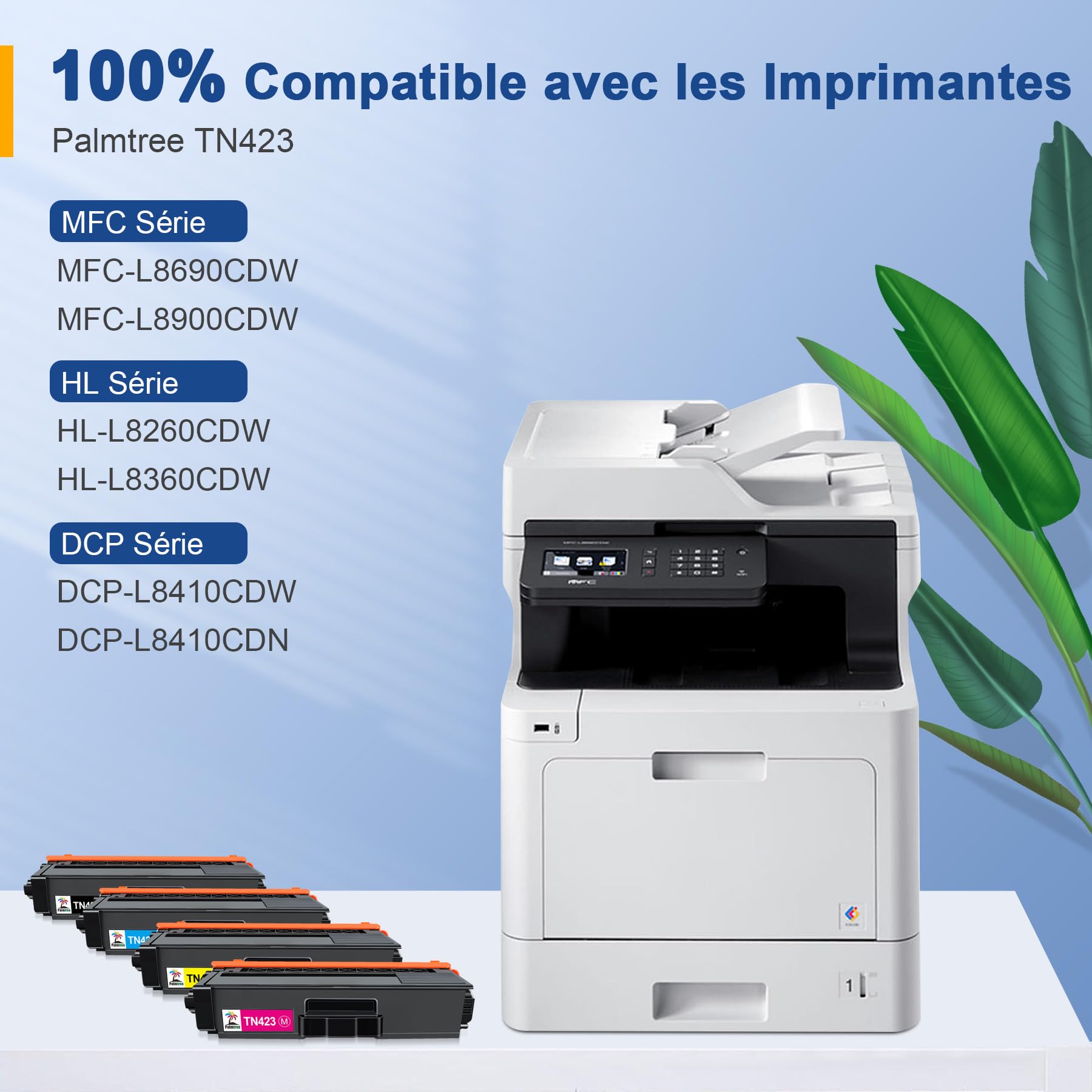 Palmtree TN423 Lot de 4 Cartouches de Toner Compatible pour Brother TN-423 TN-423BK TN421 pour Brother MFC-L8690CDW Toner MFC-L8900CDW HL-L8260CDW HL-L8360CDW DCP-L8410CDW DCP-L8410CDN