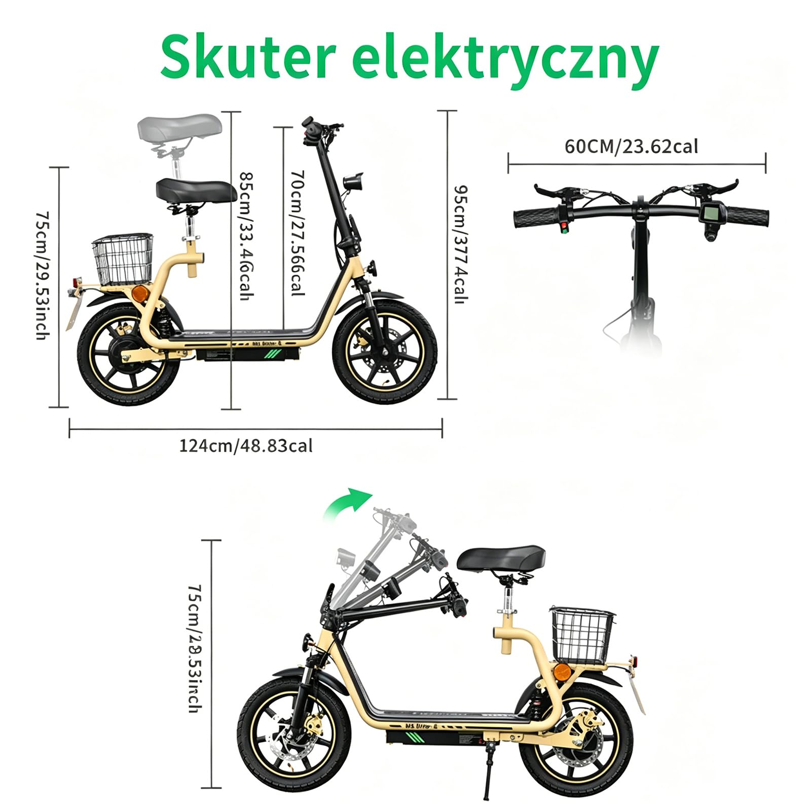 Hulajnoga Elektryczna Dla Dorosłych, Z Odblokowywanym Ogranicznikiem Prędkości, 14-Calowe Opony, Składana, Z Lusterkiem Wstecznym, Ekranem, Tylnym Koszem