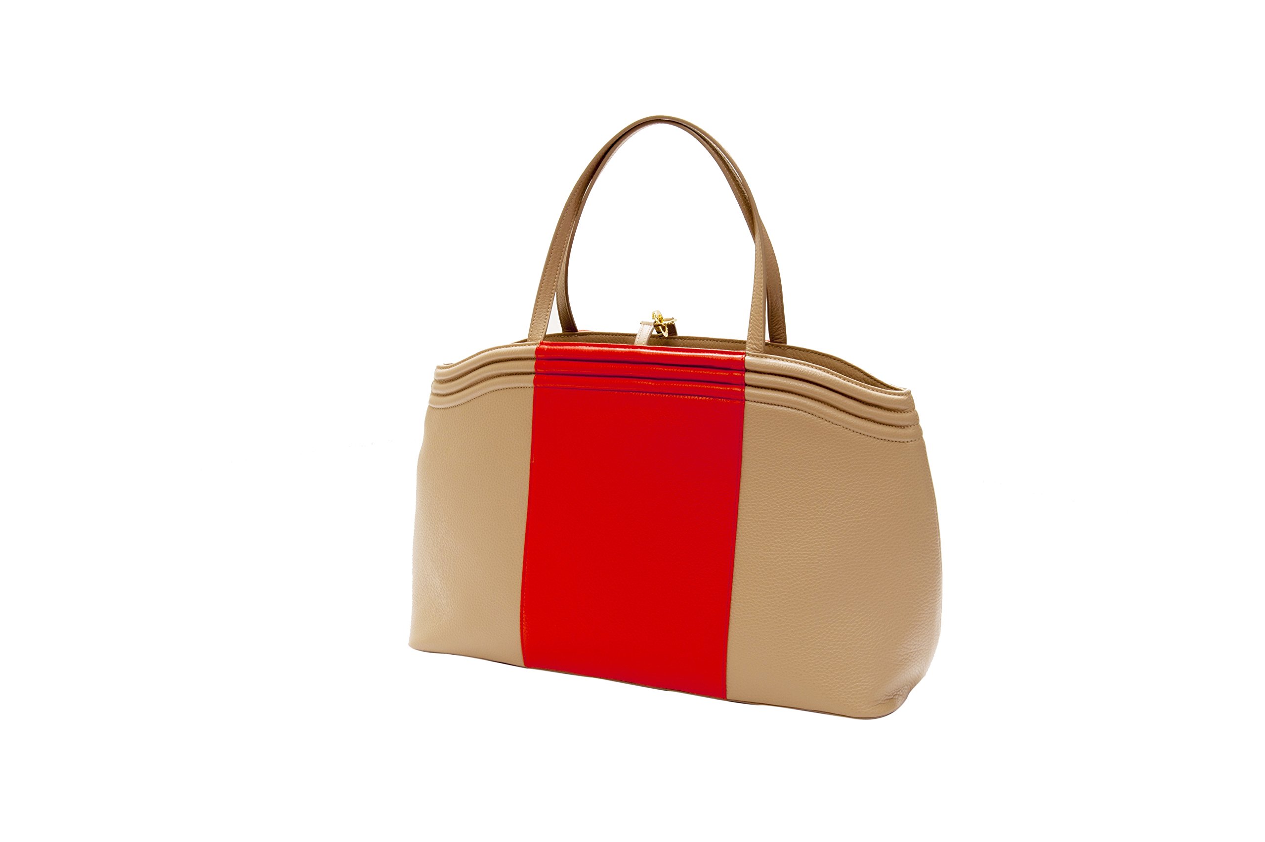 Genuine Italian Leather Travel Tote - Crab Red and Sand - Gold Hardware