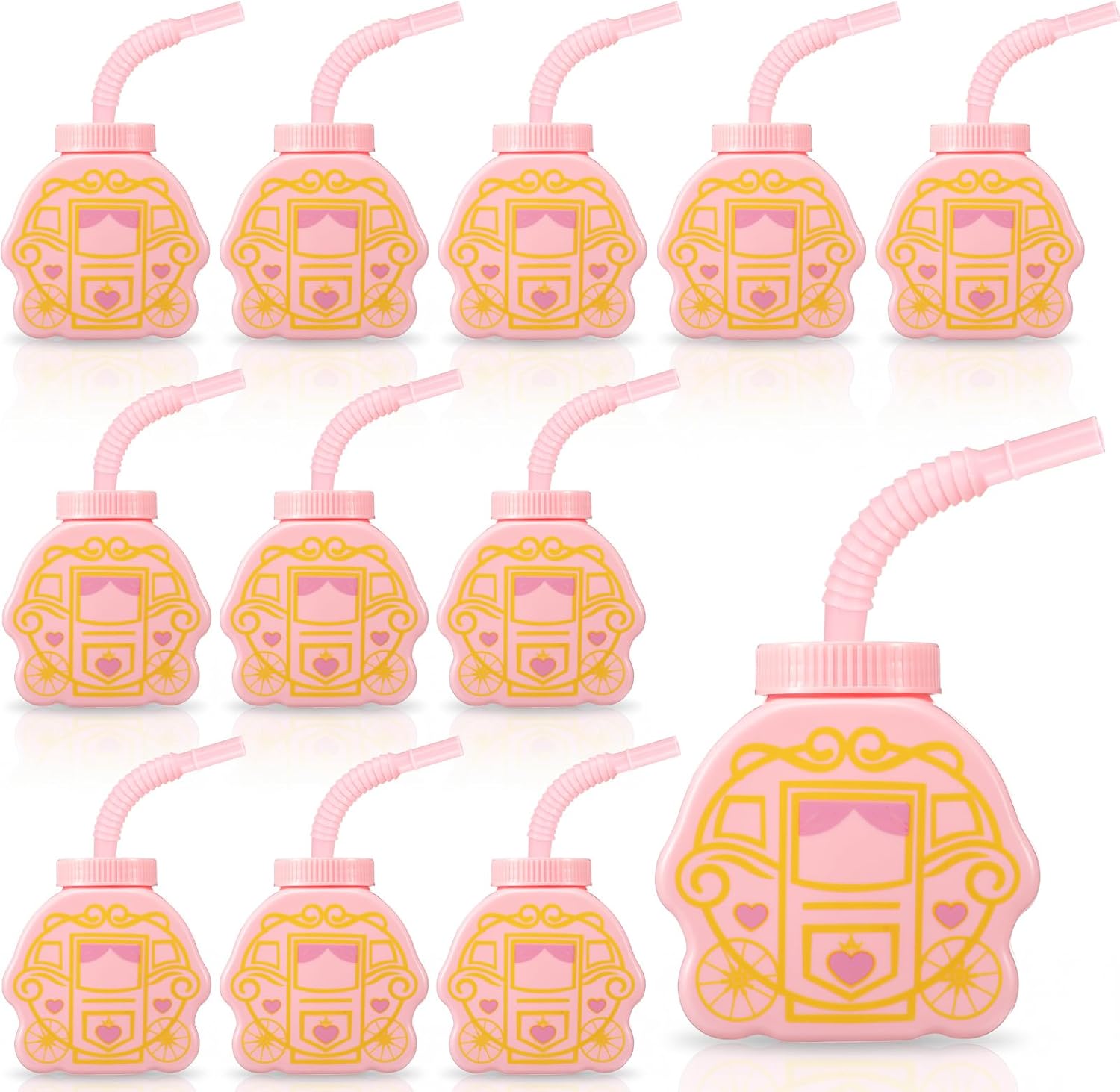 12 Set Princess Carriage Cups with Straws and Lids, Pink Princess Birthday Party Supplies 10 oz Plastic Reusable Carriage Cups for Girl Themed Birthday Party Favor