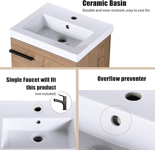 Miniatura 4 de Tocador de baño de 18 pulgadas con fregadero, tocador de baño flotante de 18 pulgadas para espacios pequeños, tocador de baño de un solo lavabo,