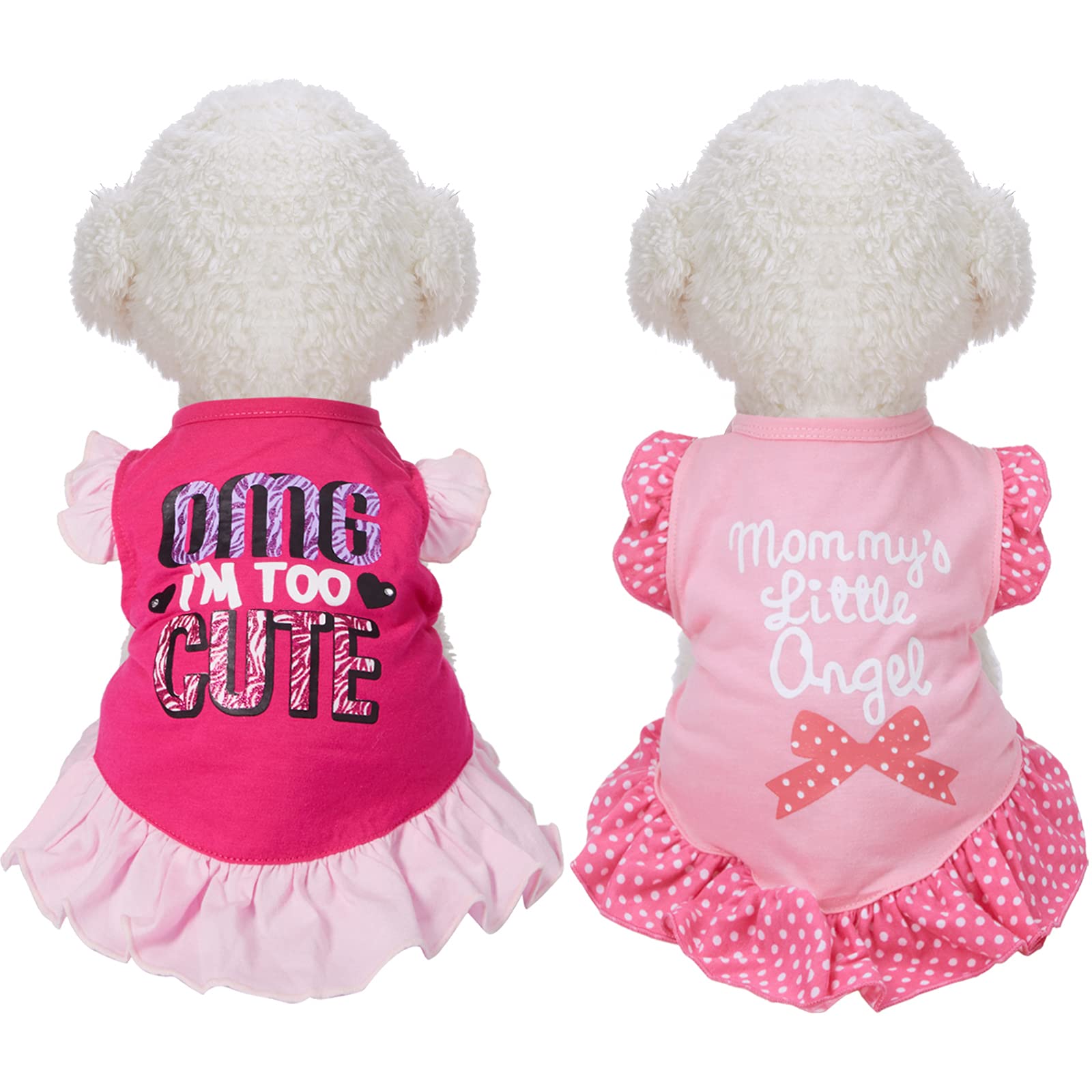 2 Pieces Dog Dresses for Dogs Cute Girl Female pet Dress Mommy Puppy Shirt Skirt Dresses Pet Summer Clothes Apparel for Cats(OMG and Angel,Medium)