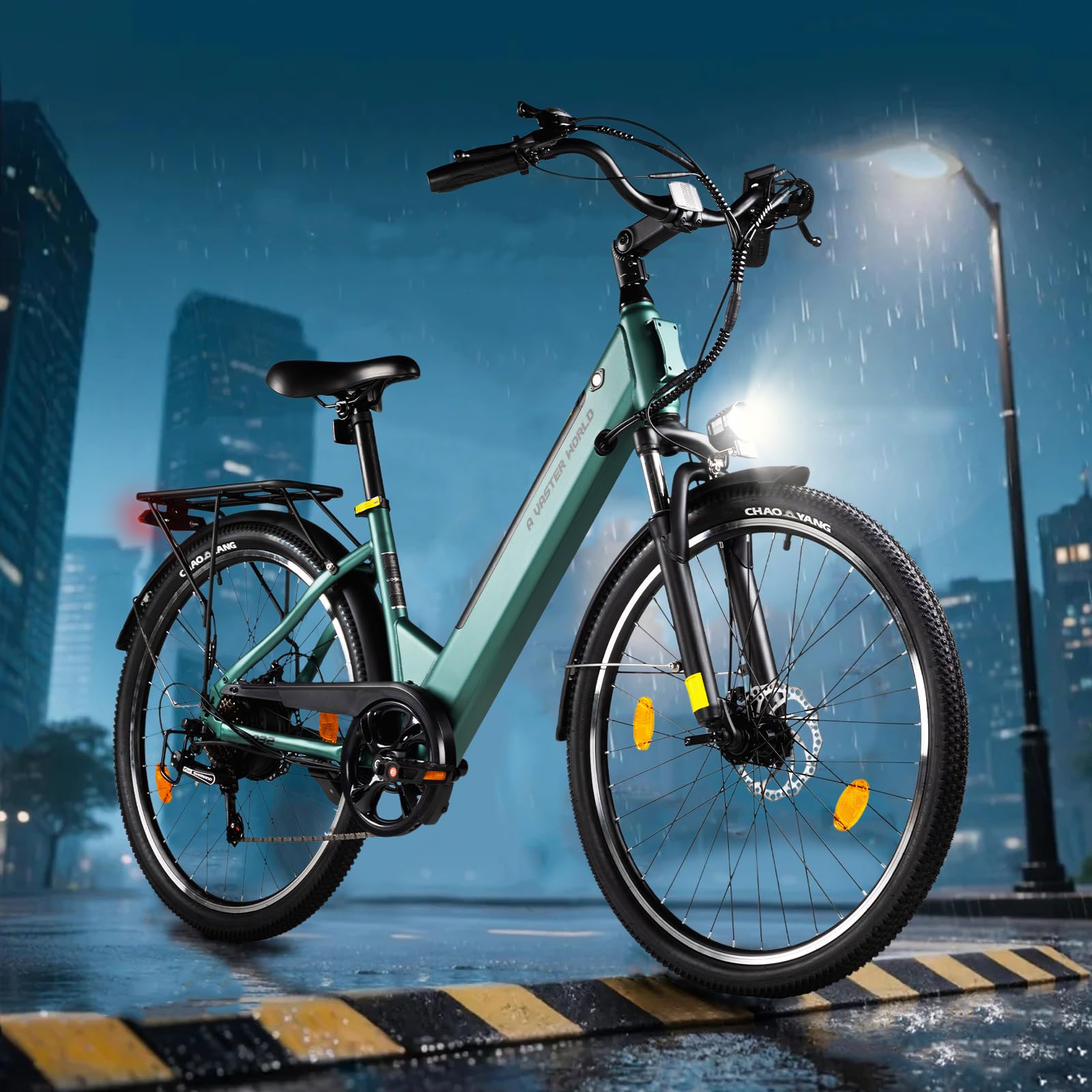 VDL Vélo électrique 26" vert pour homme et femme, batterie 48 V 10,4 Ah, 7 vitesses, freins à disque, lumière LED, fourche suspendue, vélo électrique de ville 25 km/h pour les déplacements