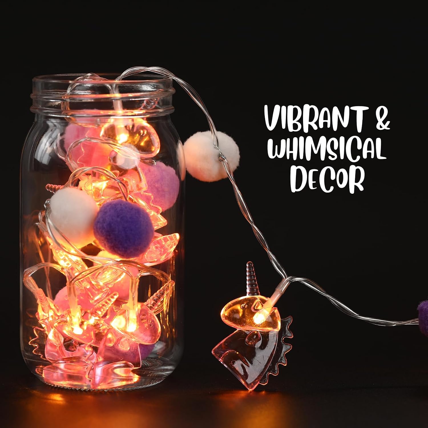 9.85FT Unicorn String Lights with 20 LED PomPoms | Battery Operated Fairy Lights with Remote & Timer | Pink Cute Night Light for Bedroom Kids Playhouse Graduation Mother's Day Baby Shower, Purple