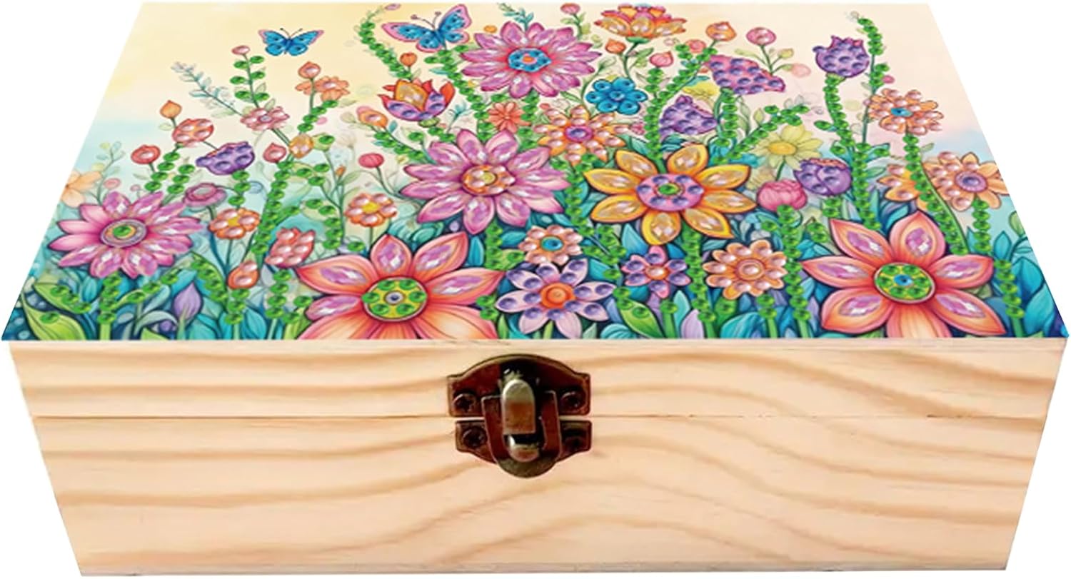 POETRYDRAW 5D DIY Diamond Art Painting Handmade Wood Storage Box Crystal Storage Case (Flower)