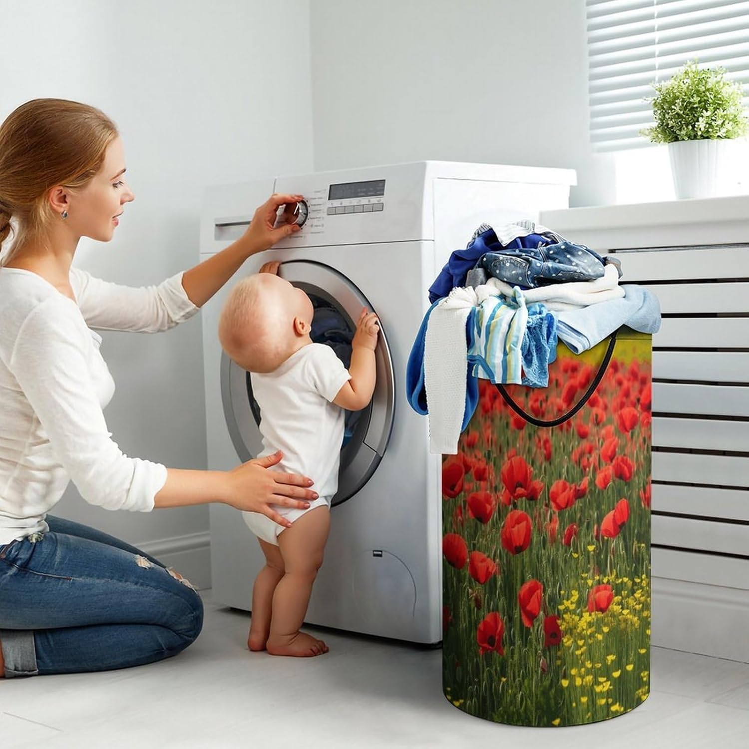 Red Poppy Field Farm Meadow LandscapeLaundry Hamper - Large Dirty Clothes Bag.Storage Basket for Easy Carry Handles. Large Clothes Basket with Handles, Clothing Storage Bucket Toy Organizer for Bathr