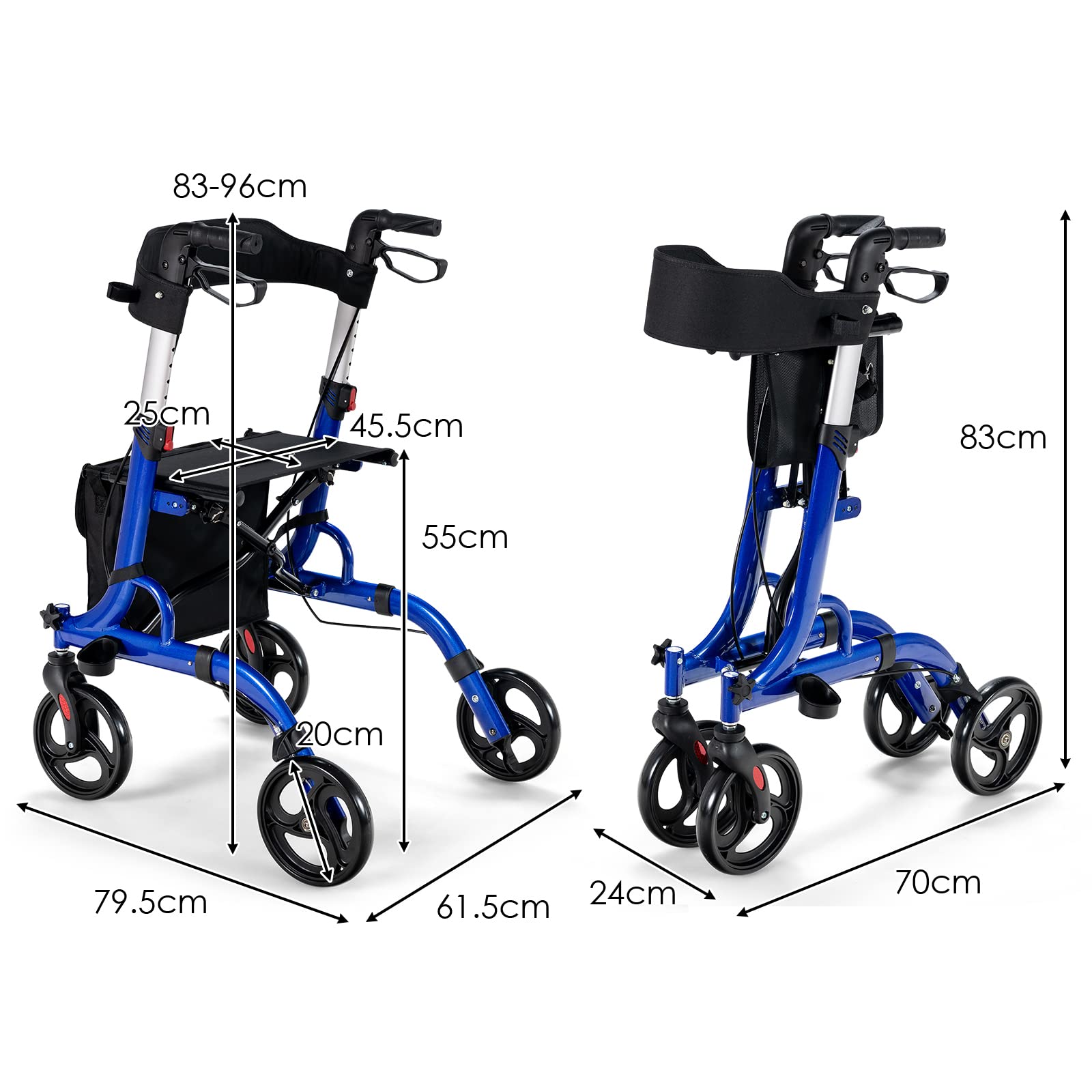 HOMASIS Andador plegable y ligero, con asiento y ruedas, Manijas ajustable, Rollator con sistema de doble freno, Bolsa de Almacenamiento, Aleación de aluminio hasta 150kg, 79,5x61,5x83-96cm (Azul)