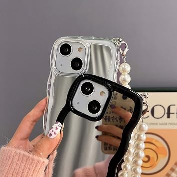 Compatible for iPhone 15 Mirror Case,Cute Curly Wave Frame Soft Shockproof Case for iPhone 15,Aesthetic Phone Case with Pearl Strap Chain for Women Girls(White,iPhone 15)