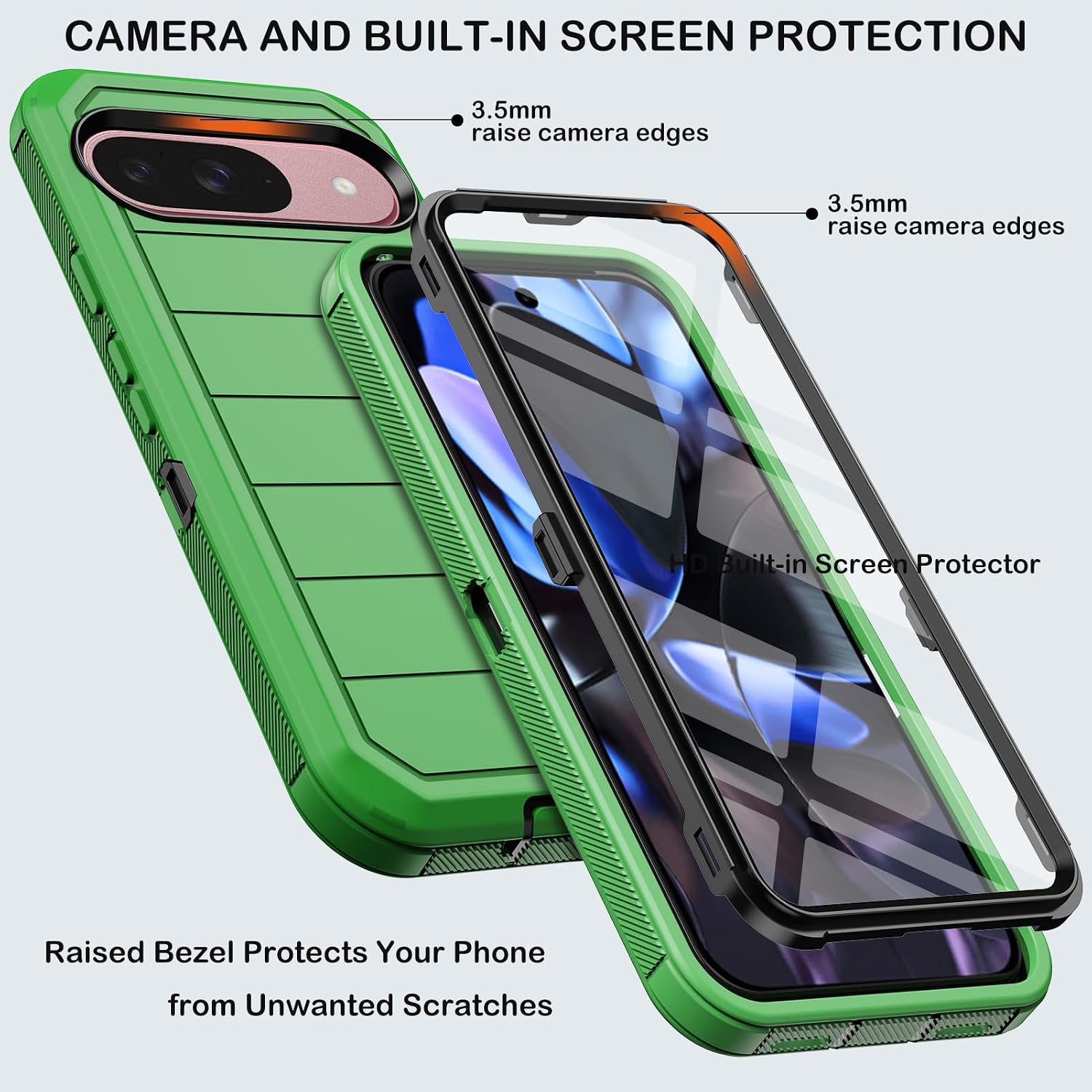 KECAI for Google Pixel 9 Case,Pixel 9 Pro Case with Built-in Screen Protector,Belt Clip Holster,Heavy Duty Shockproof Drop Protection Military Grade Rugged Full Body Cover with Kickstand (Green)