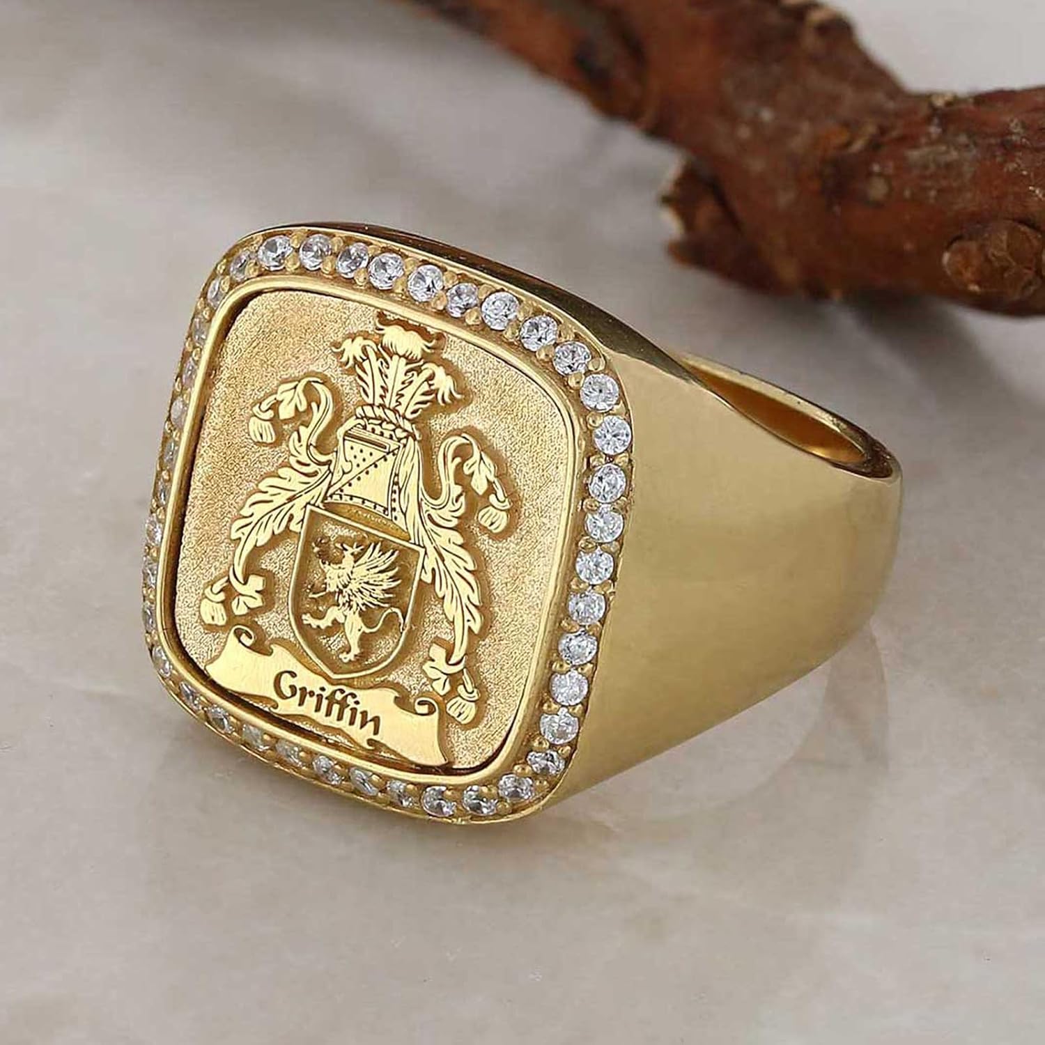 Personalized Signet Ring, Customized Ring, Engraved Family Name Ring, Crest Ring, Gold Coated Family Crest Ring