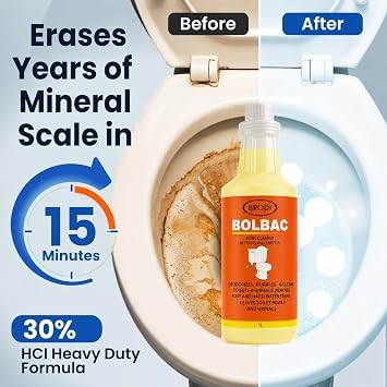 Brodi BolBac Industrial Strength Toilet Bowl Cleaner, 32 Fl Oz 30% HCL Acid Descaler Removes Hard Water Rings, Limescale & Rust Fast, Surface Safe (Pack of 1)