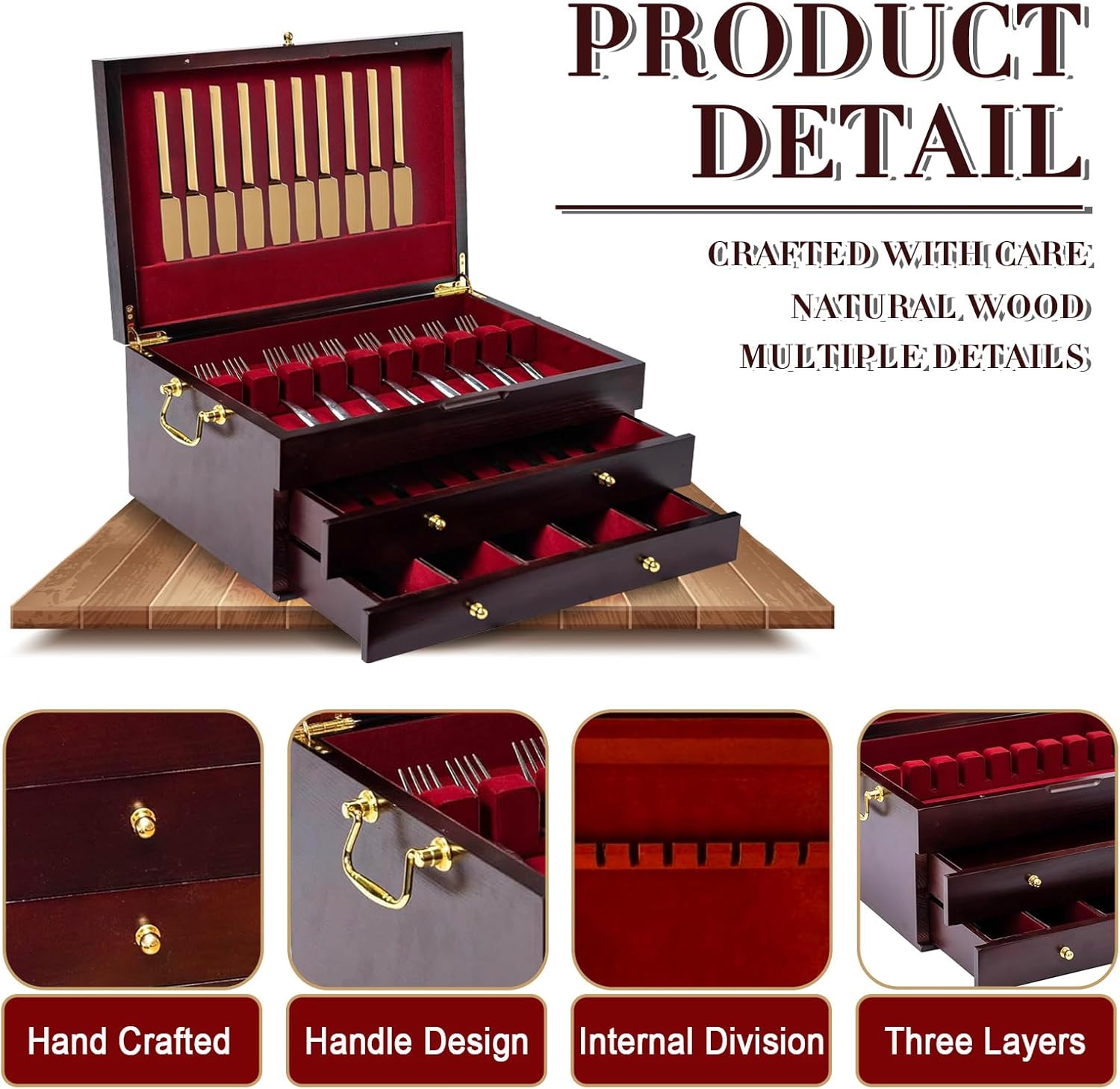 JPWDDWYT Silverware Storage Box with Pull Out Drawer,Large Kitchen Counter Organizer for Flatware and Utensils, Silverware Case with Handle and Felt Lined, Flatware Chest for 12 sets of Utensils