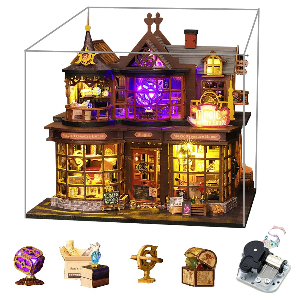 Kit de casa de muñecas en miniatura con cubierta antipolvo y música, kit de madera de casa de muñecas mágica, kit de casa de madera hecho a mano, regalo creativo de cumpleaños