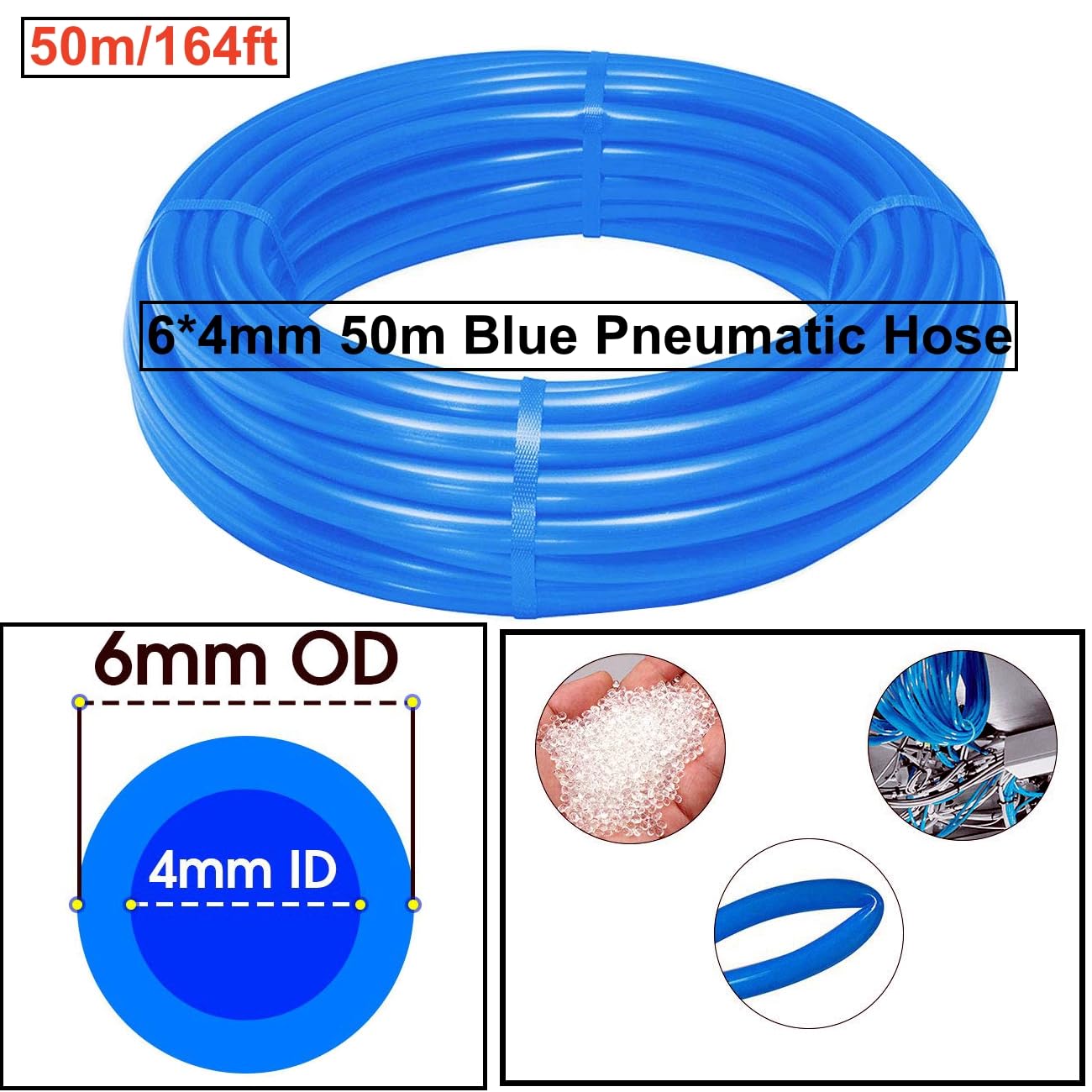 HUAZIZ 50 M - Manguera de poliuretano para neumáticos (poliuretano, 6 mm, interior de 4 mm), incluye cortatubos azules y 1 cinta de teflón rosa