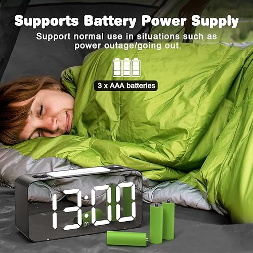 Miniatura 5 de Goodes Reloj despertador digital, pantalla grande de 6.5 pulgadas, reloj electrónico con espejo LED, con repetición, 1224 horas, puertos de carga