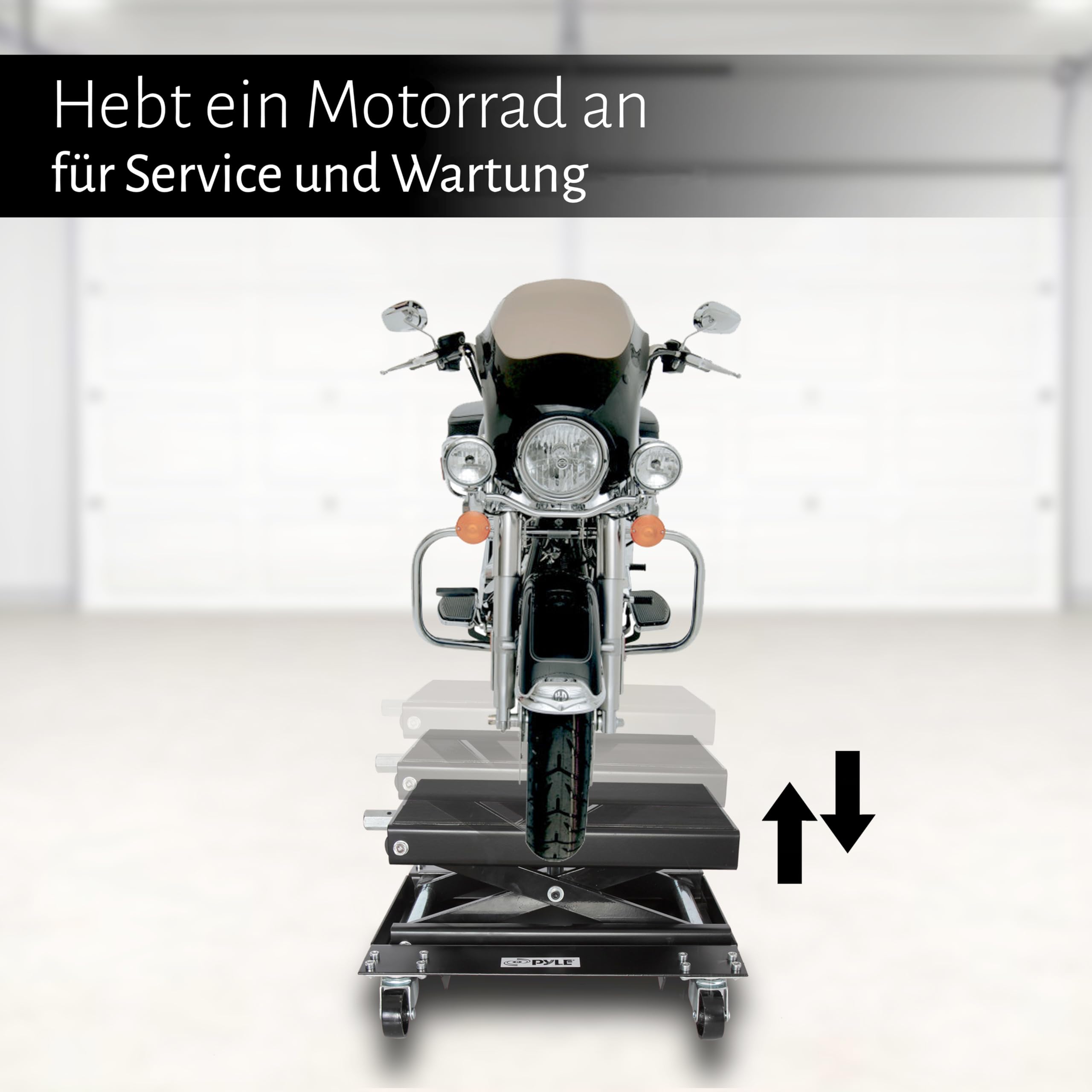 Pyle Motorrad Hebebühne, Motorrad Ständer bis 500Kg Belastbar, Motorradheber Höhenverstellbar 76-406mm, Scherenheber mit Dolly, Hubtisch für Reparatur von Fahrräder, Reifen-& Motorstütze