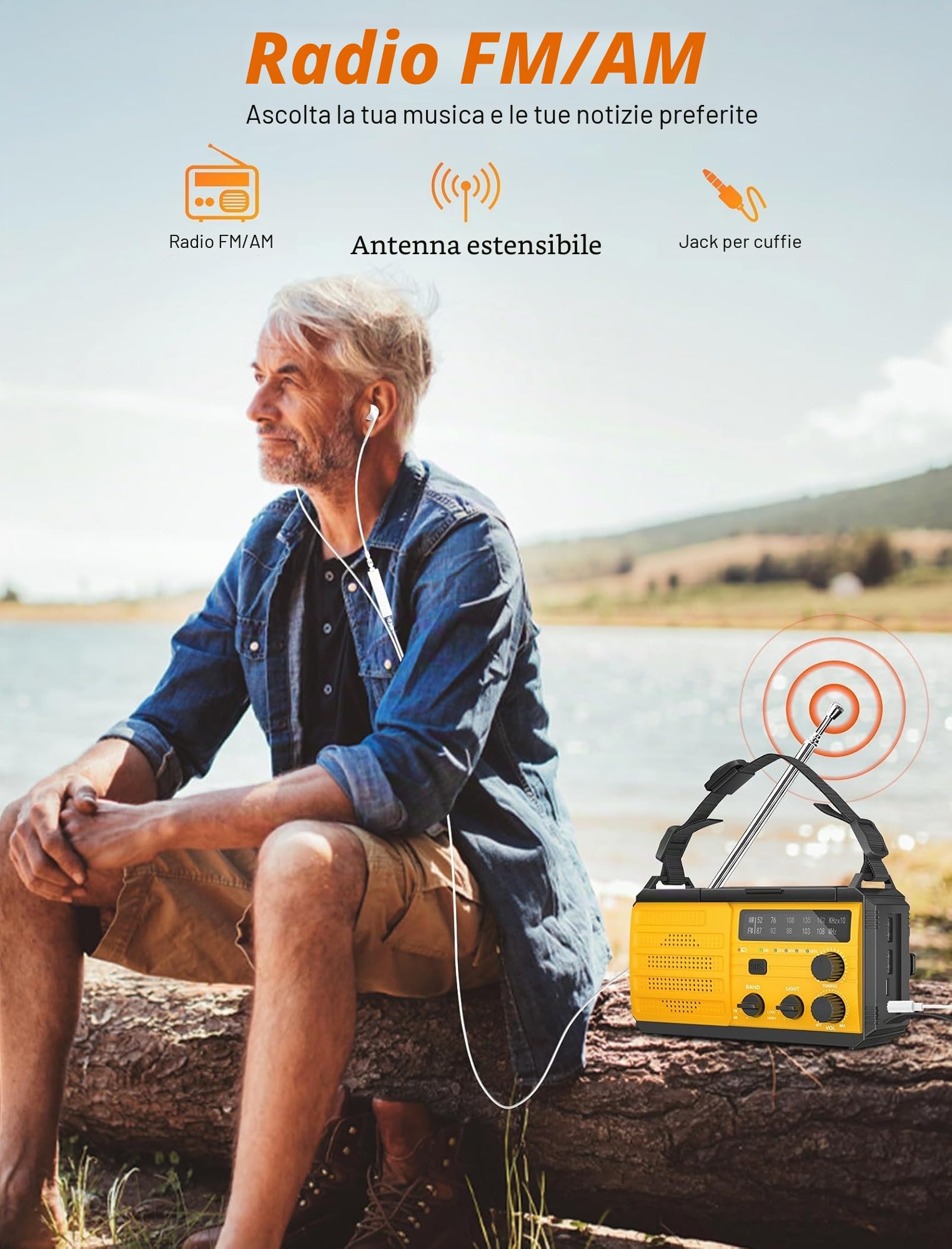 Radio Portatile Emergenza FM/AM, Radiolina a Manovella Dinamo, Radio Solare Piccola con Batteria Ricaricabile da 8000mAh, Allarme SOS e Torci, Lampada da Lettura, Power Bank per Emergenze