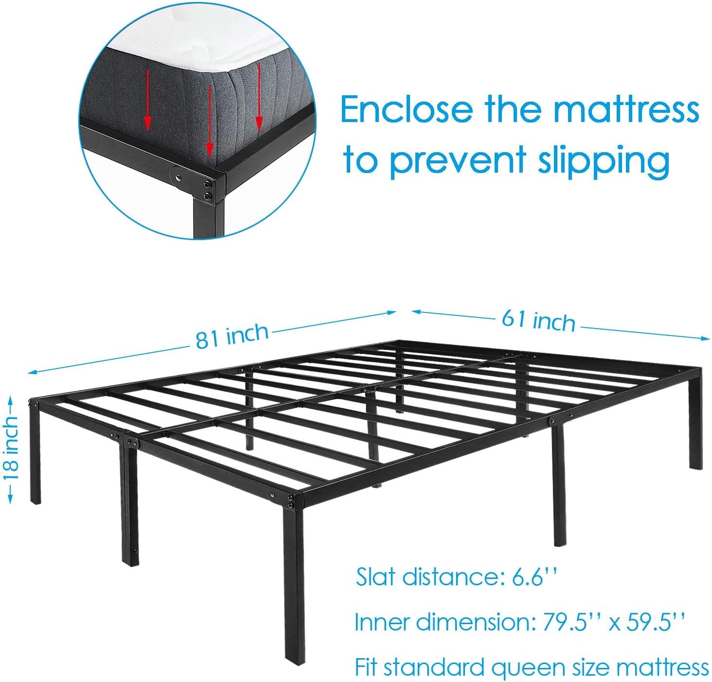HAAGEEP 18 Inch Queen Bed Frame No Box Spring Needed High Platform Bedframes with Storage Size Black Metal : Home & Kitchen