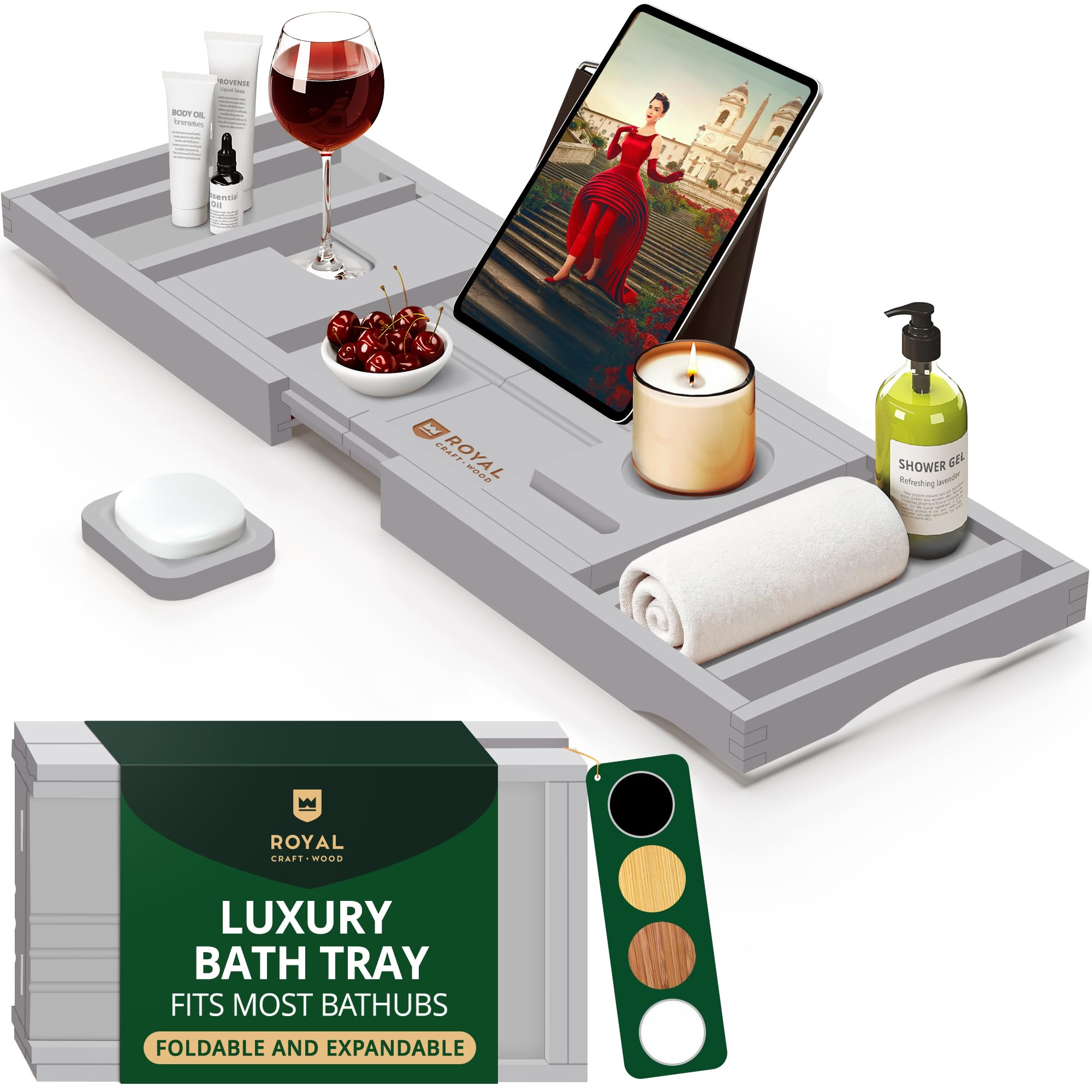 Plateau de baignoire de luxe en bambou gris avec porte-savon assorti