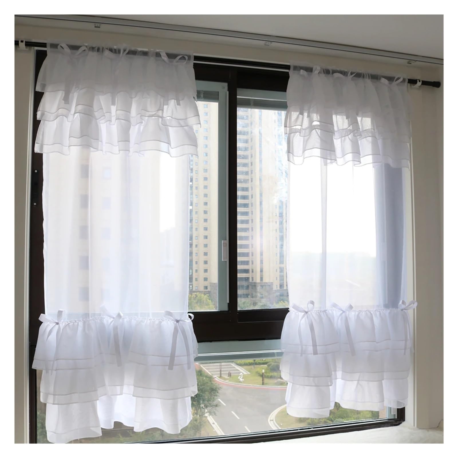 Rideaux de fenêtre à volants transparents et nœuds 2 pièces pour chambre