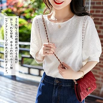 Women's Lace Blouse, All Lace Top, Shirt, White, Korean, Cute, Short Sleeve, U-Neck, Cotton, Thin, Loose, Embroidery, Small Flowers, Stylish, Balloon Sleeve, Layered, Elegant, Spring, Summer,