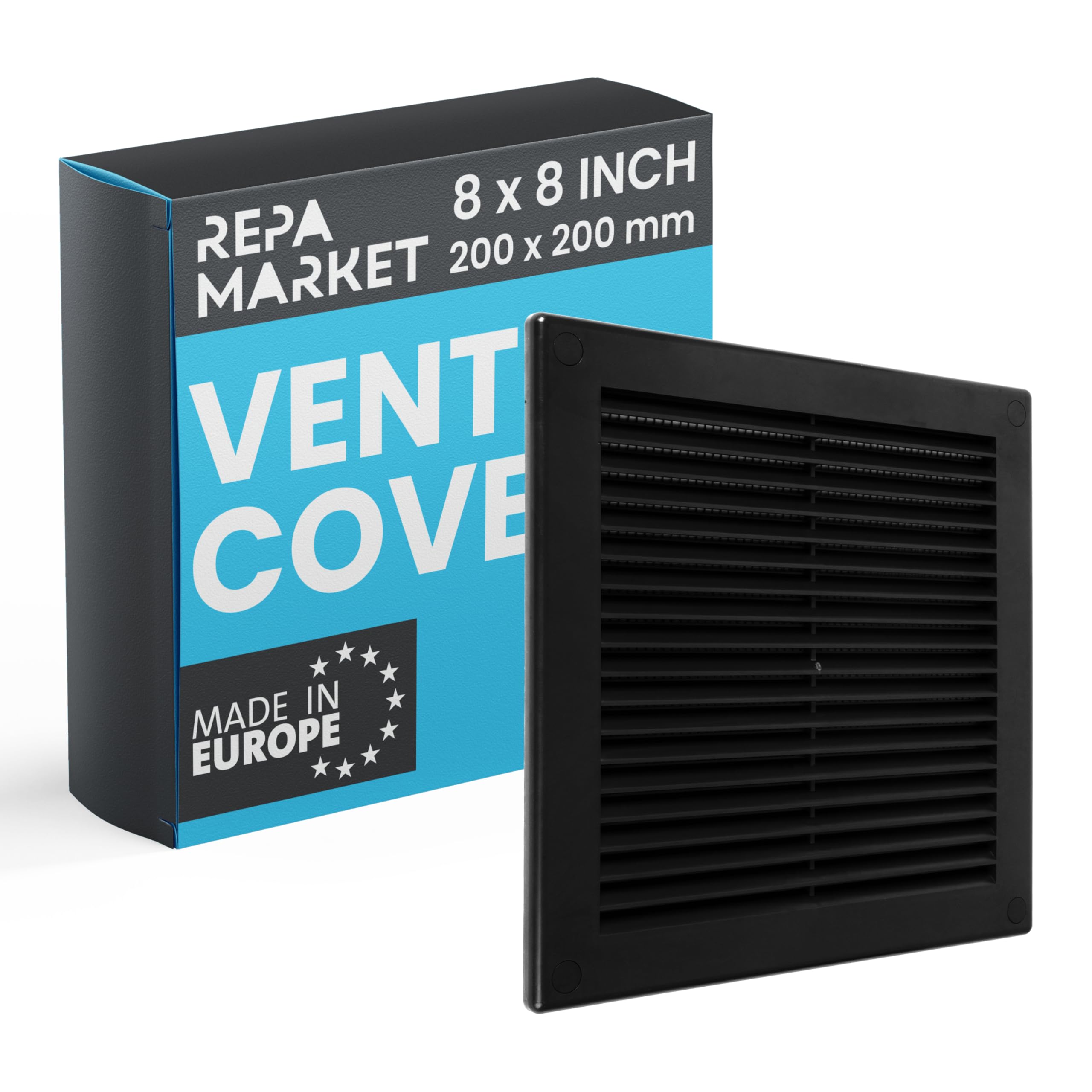 Repa Market 8 x 8 Inch / 200 x 200mm (Outer Size) Black Square Air Vent Covers for Walls - Plastic Intake Air Vents - Grill Cover w/Nylon Mesh Screen - HVAC Ceiling Ventilation Grilles