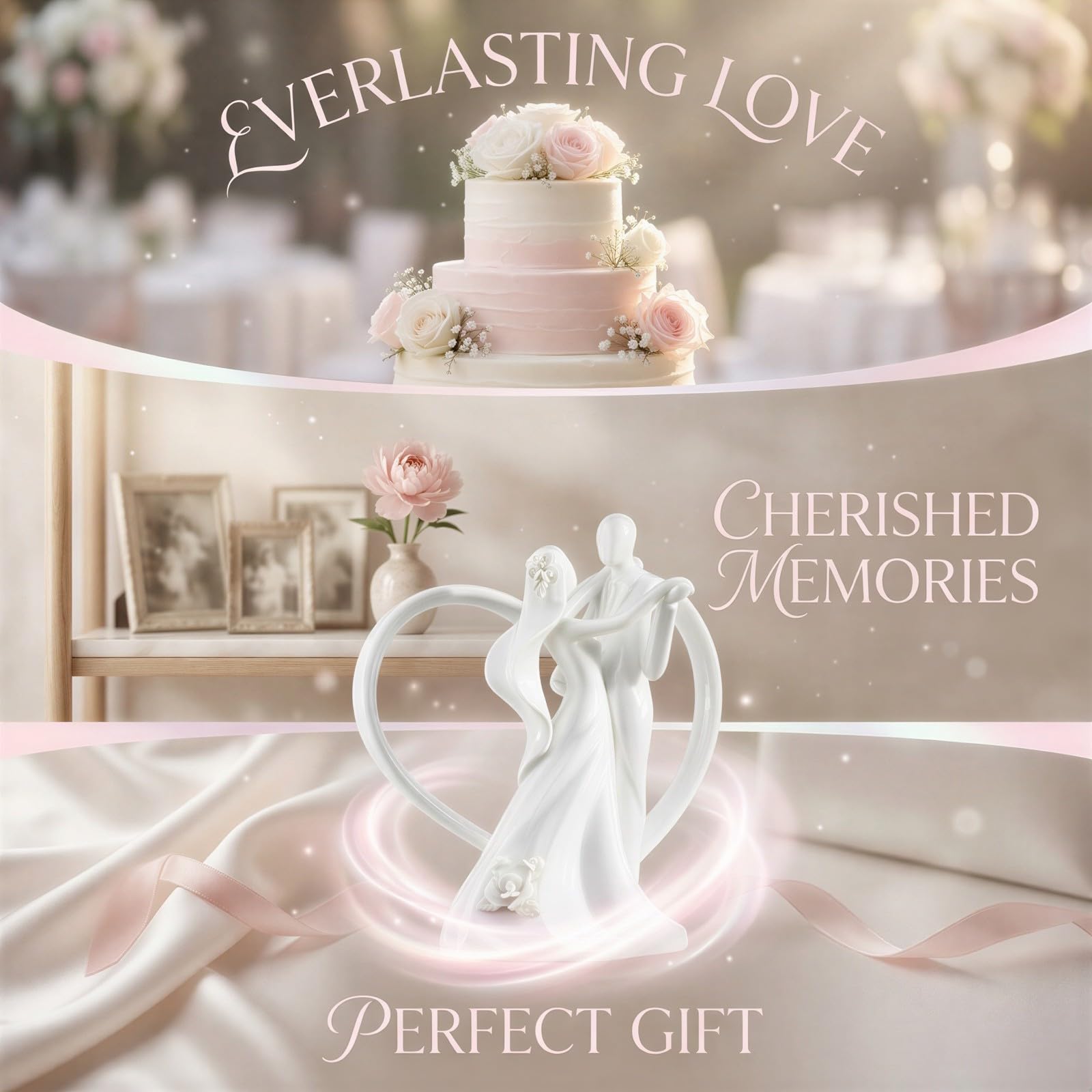 Keramik Cake Topper, cremeweiß, tanzendes Brautpaar mit Herzmotiv, 18,2 cm Höhe, Hochzeitsfigur und Sammelfigur für Empfang, Jubiläum, Zuhause und Büro, Deko für westliche Hochzeiten