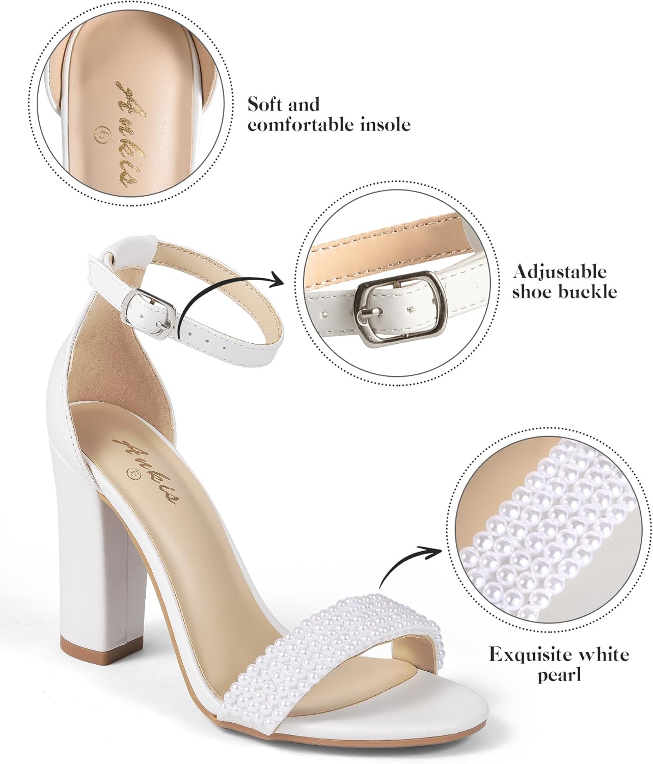 Ankis White Heels Wedding Shoes for Bride Women Chunky Heels Pearl High Heels Heeled Sandals 4 Inch