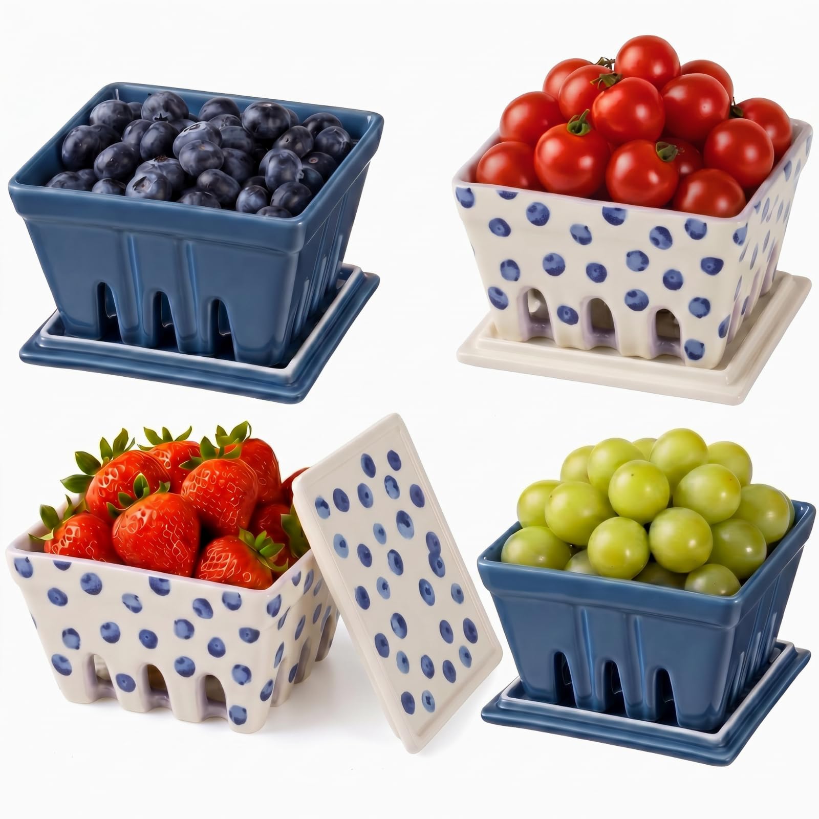 Blushtier 4 Pack Ceramic Berry Basket with Lids,Blueberry,Blue,White