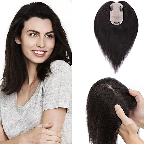 S-noilite Toppers de cabello humano real para mujer, sin flequillo, base mejorada para el cuero cabelludo, malla de doble diamante #1B, negro