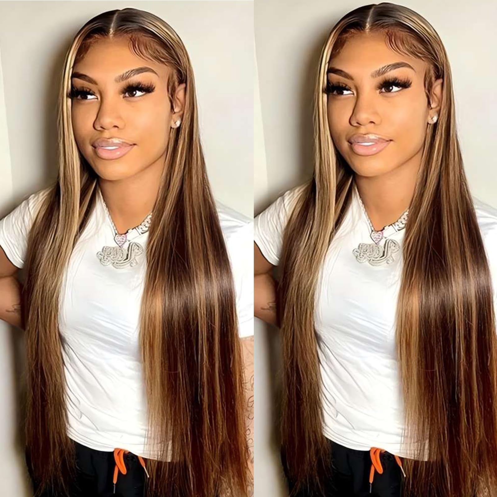 ISEE Wear & Go Glueless Wig Highlight Brown Wigs Silky Straight Pre-plucked 4x6 HD Transparent 4/27 Honey Blonde Lace Frontal Wigs 180% Density
