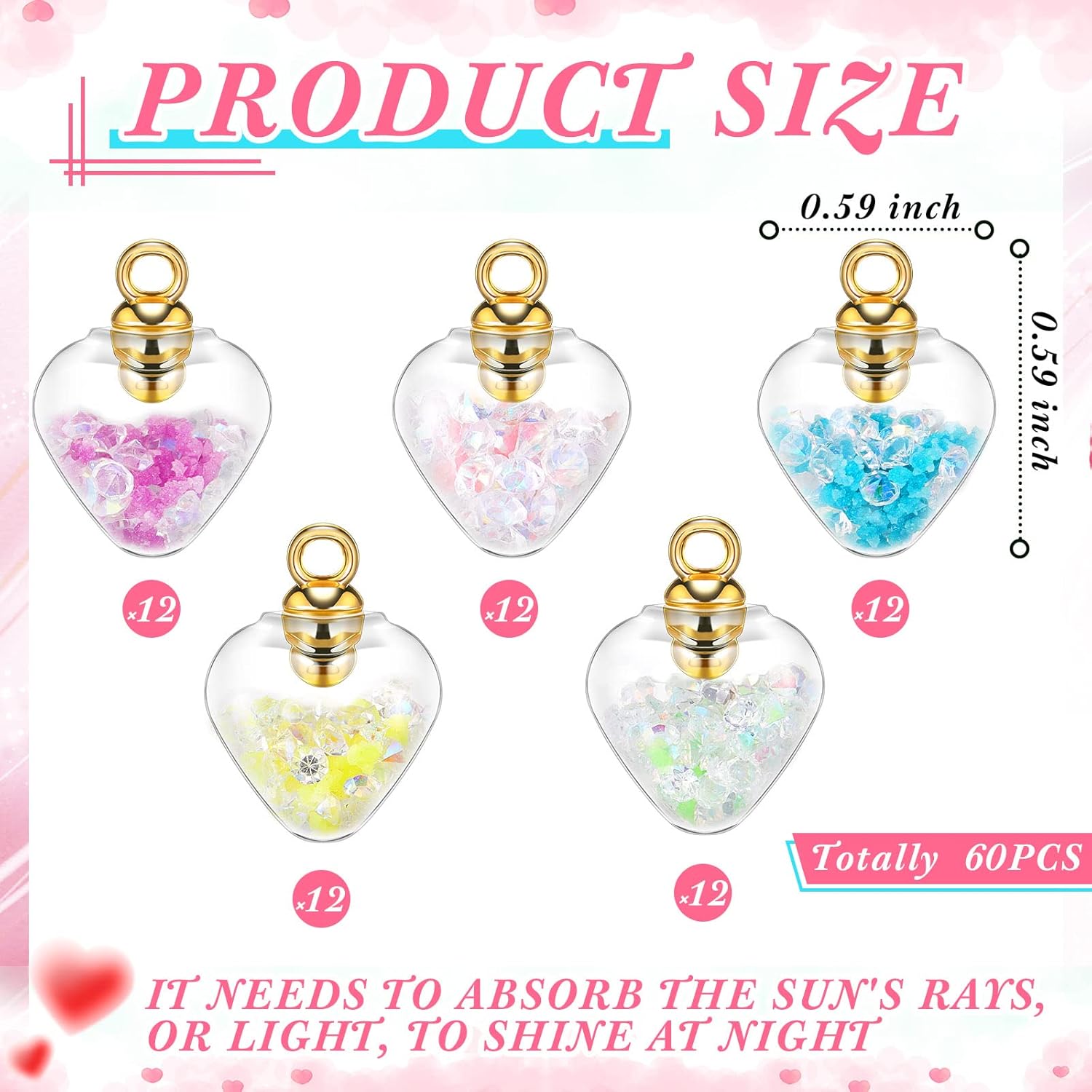 Huquary 60 Pcs Luminous DIY Glass Ball Charm 15 mm Love Heart Charms Pendant Resin Drill Glass Pendants for Jewelry Making Bracelets Earrings Necklaces Arts Craft Supplies, 5 Colors - Image 2