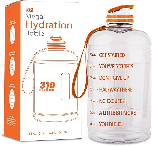 310 Nutrition Mega Hydration Bottle de 64 onzas, botella de agua grande sin BPA con marcadores de tiempo, boca ancha y asa de transporte para