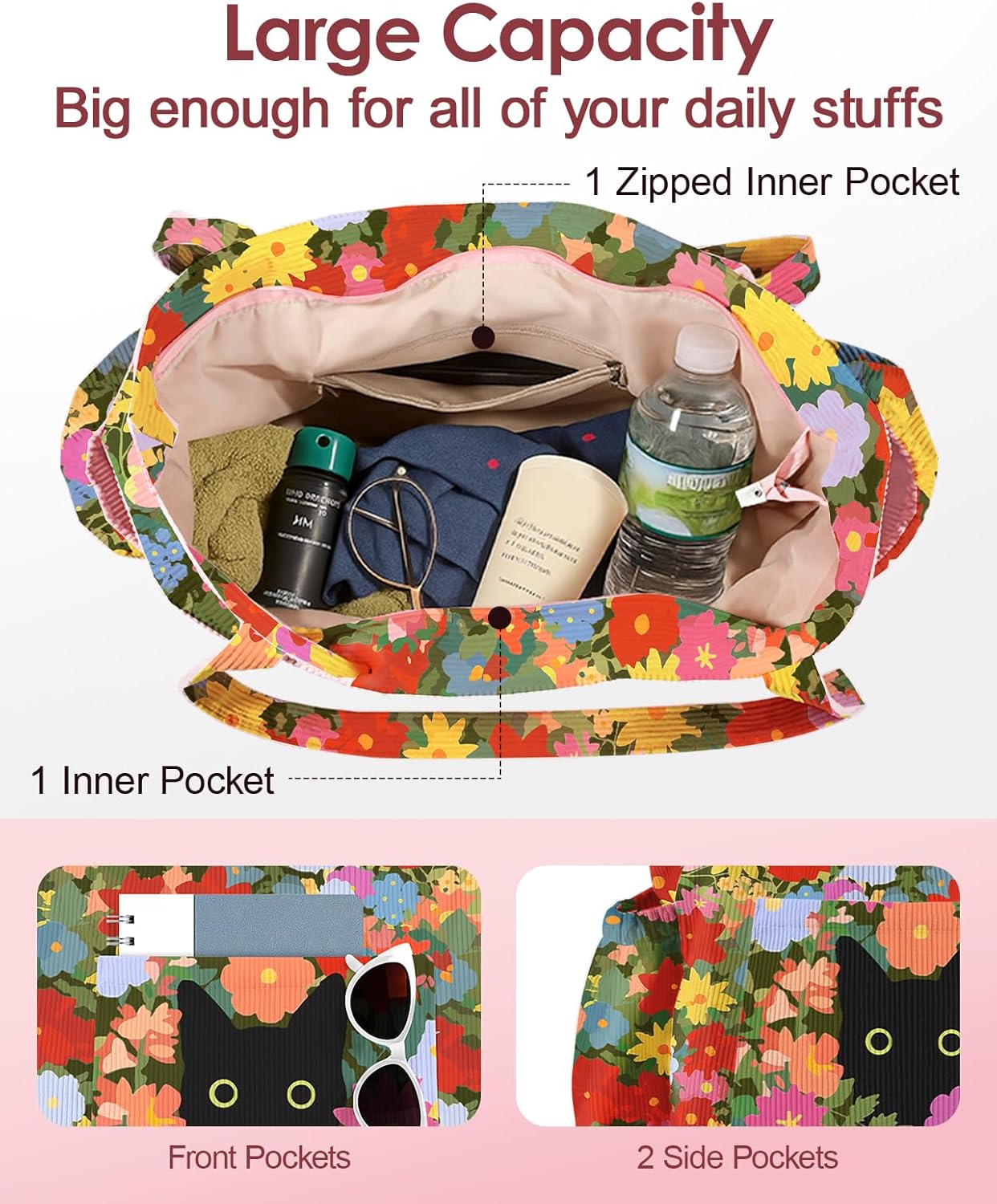 Miss Adola Cute Corduroy Tote Bag for Women - Large Capacity Multi-Pocket Shoulder Bag with Zipper