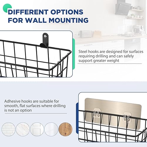 Miniatura 9 de Paquete de 2 cestas de almacenamiento de alambre para colgar en la pared, cesta adhesiva para organizador de puerta de armario, sin taladrar, cestas