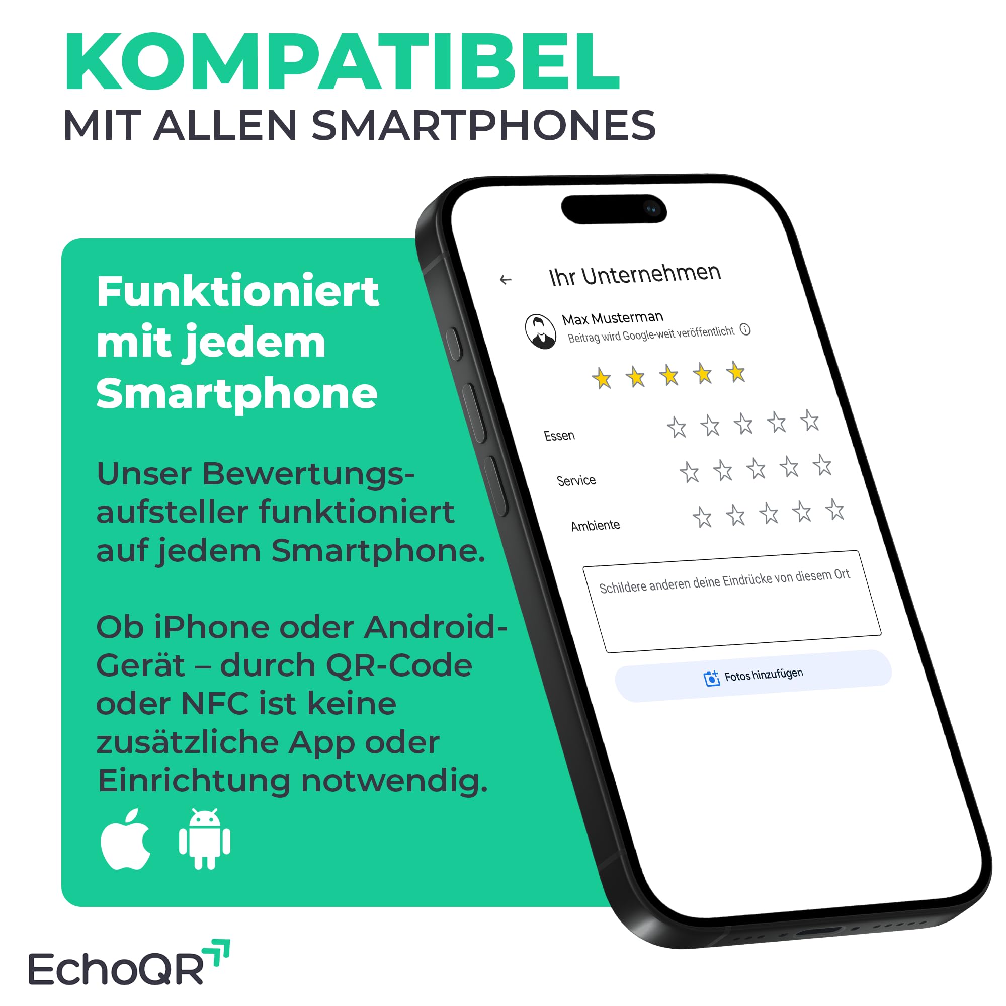 Google Bewertung Aufsteller mit NFC & QR-Code für mehr Kundenbewertungen (Schwarz)