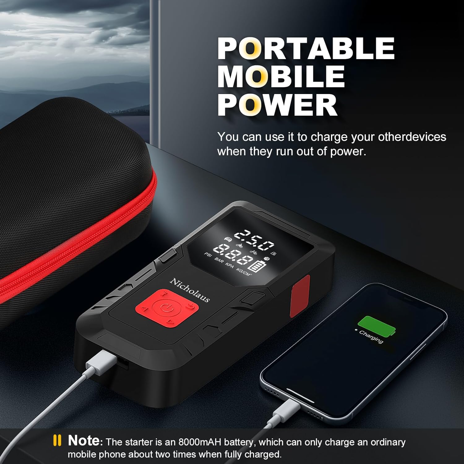 12 V Car 8000 mAh Battery Jump Starter 2800A with 150psI Air Compressor, Compact and Practical Edition QB08L Safe Smart, Portable Jump Box and Charger for 6.0L Gas and 3.0L Diesel Engines. - Image 8