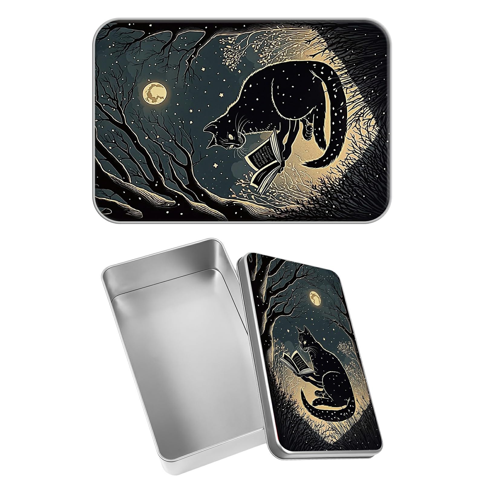 Rectangular Metal Tin Box with Removable Lid, Black Cat Moons Decorative Printed Metal Storage Container for Jewelry Pen Eraser Pill Candy Craft 4.9 x 3.54 x 1.57 inch– Single Pack