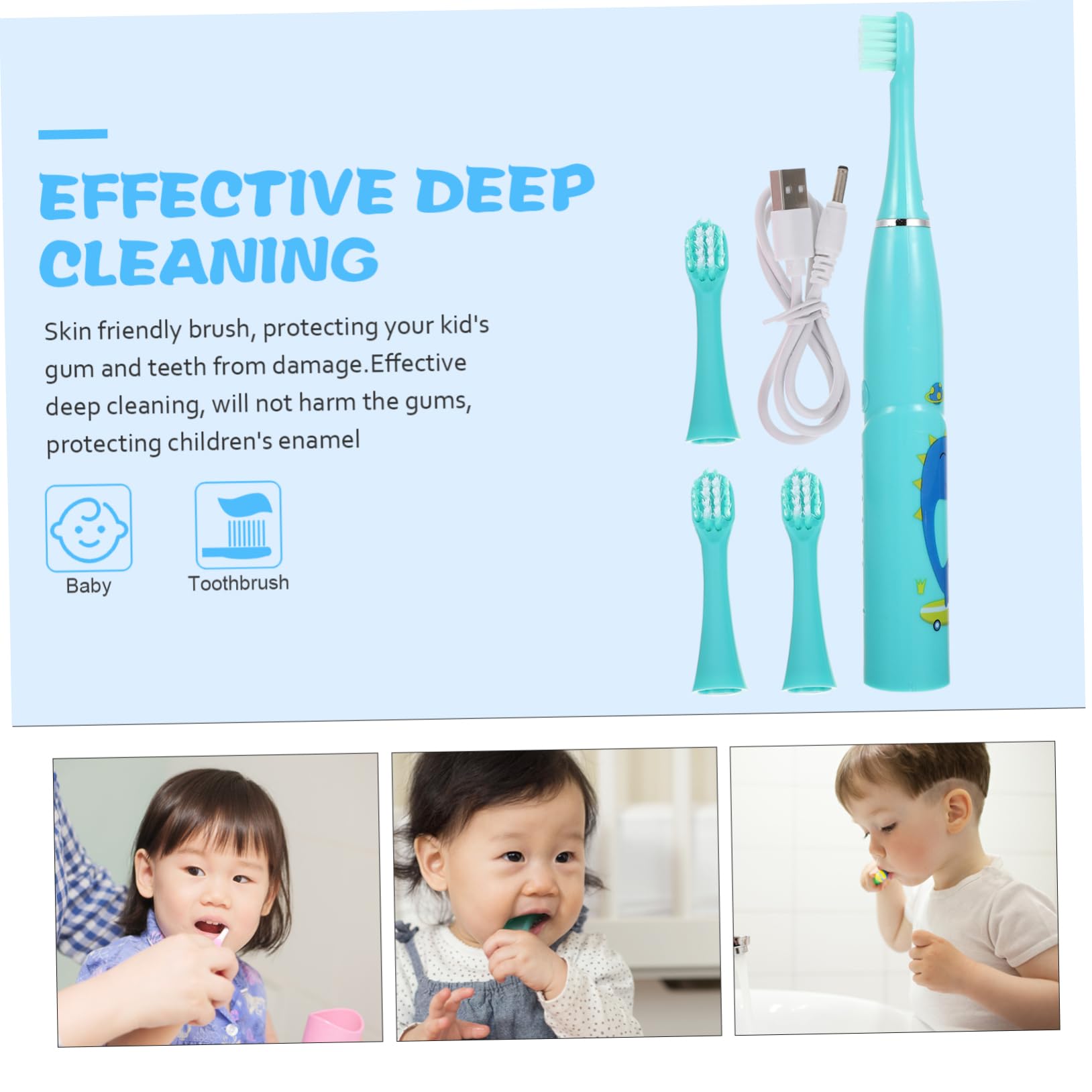 Baluue 3sets Spazzolini Elettrici Per Ragazzo Ragazza Ricaricabile e Portatile Con Testine Morbide Per Igiene Orale Divertente e Sicura Durante Bagno