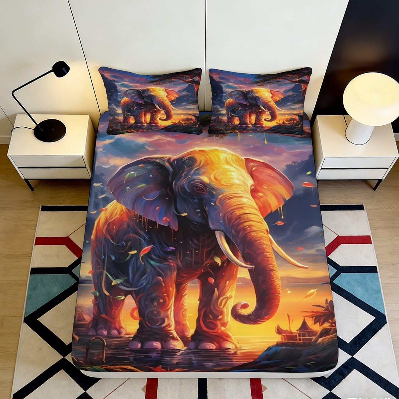 3D Printed Sunset Elephant Fitted Sheet Microfiber Anti-Slip Bed Cover for Bedroom Guest Room Dorm Decor 90x200x25cm