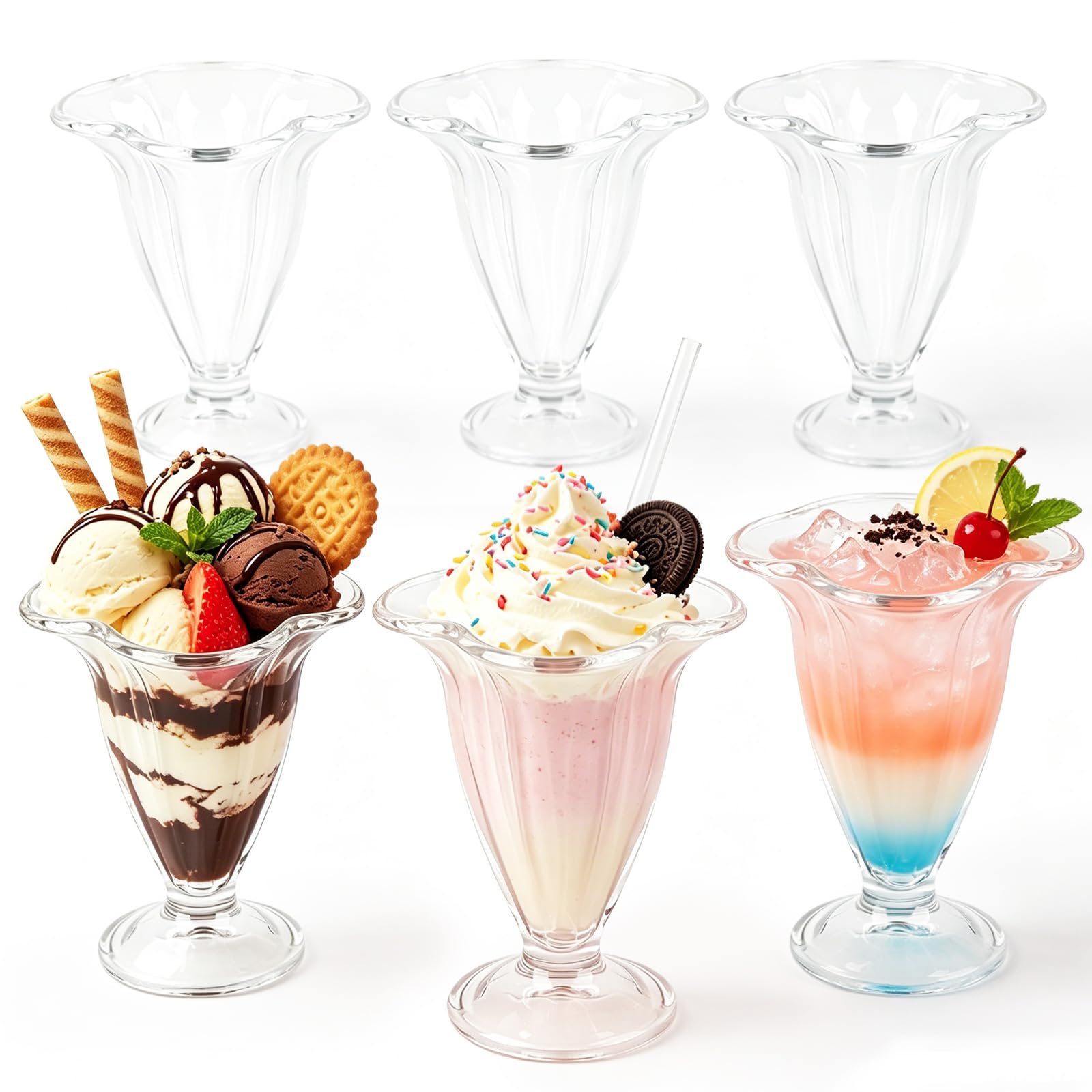 dellyy Vasitos para Postres, Juego de 6 Vasos de Helado, 150 ml Vasos de Cristal, Apto para Lavavajillas, Vaso Forma Copa para Helado, Yogur y Aperitivos