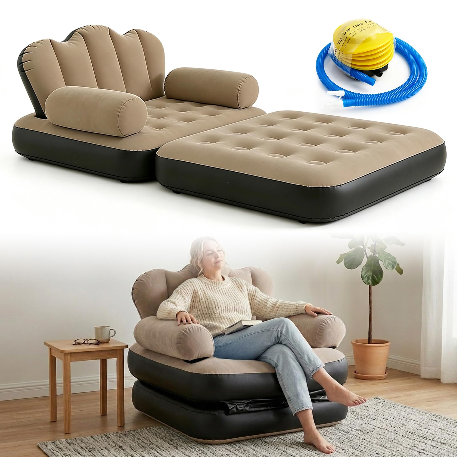 Aufblasbares Schlafsofa 2 in 1 mit Fußpumpe aus Beflocktem PVC