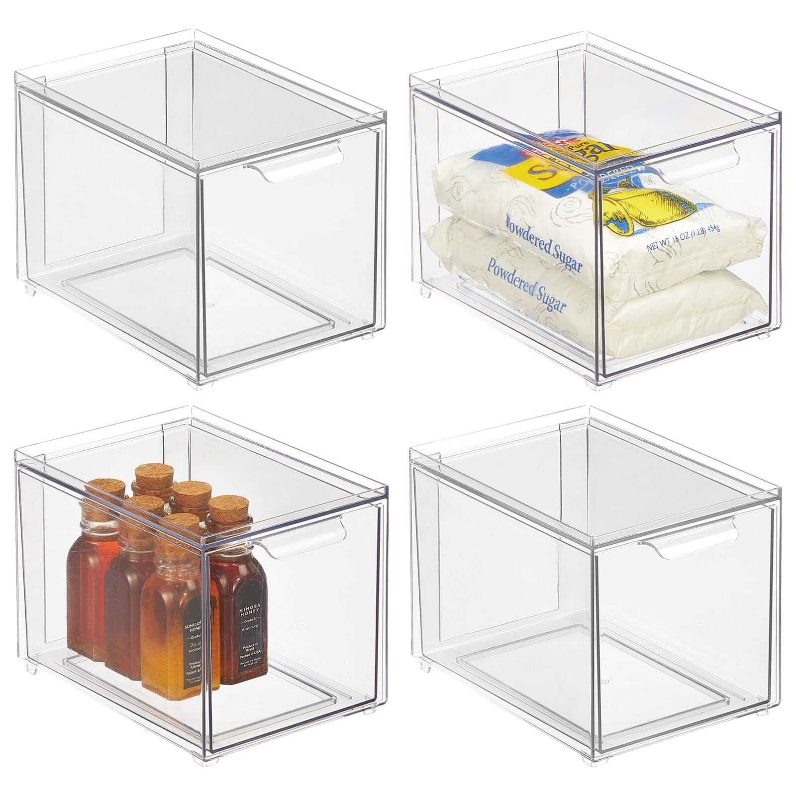 mDesign Plastic Pantry Organization and Storage Bin w/Pull Out Drawer - Slim Stackable Kitchen Supplies Storage Container for Organizing Cabinet, Fridge, Freezer - Lumiere Collection - 4 Pack - Clear