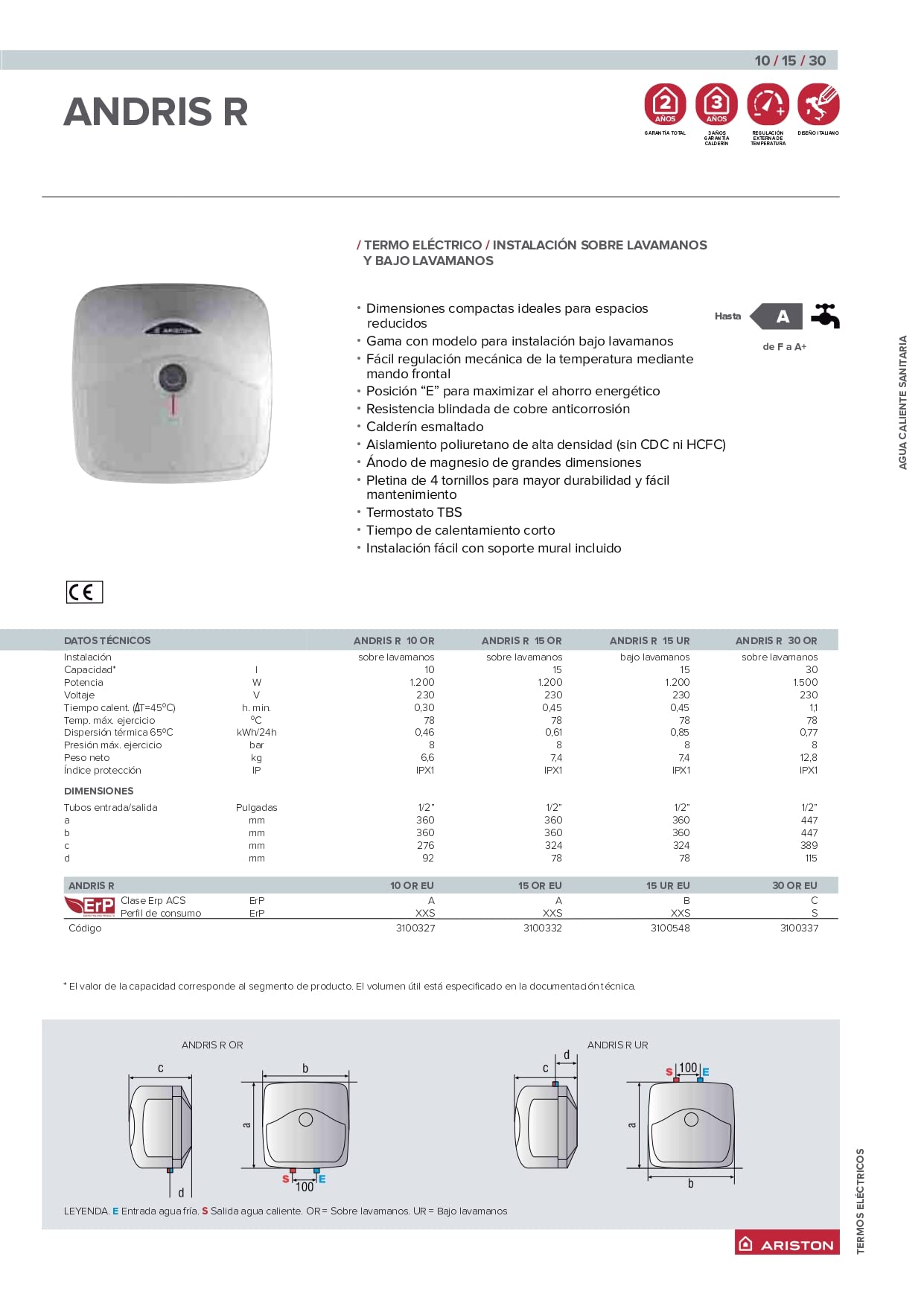 Ariston Andris R - Termo Eléctrico 15 Litros Potente, Calentador de Agua Eléctrico Vertical con Tamaño Reducido 41,8x37,7x35,2 cm, Fabricado para Instalación en España