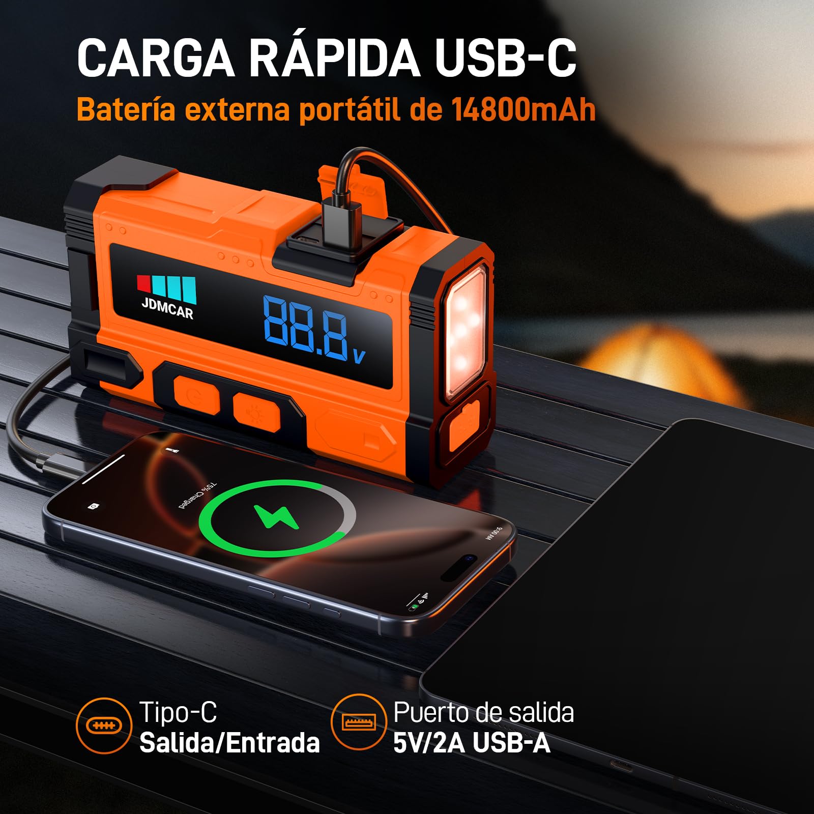 JDMCAR Arrancadores de Bateria de Coche - 𝟖𝟎𝟎𝟎𝐀 𝟏𝟐𝐕 Arrancador de Coches Motor 9.0L Gasolina o 8.5L Diesel, Arrancador portatil con Pantalla LCD y Carga Rápida y Linterna LED- Upgraded — view 4