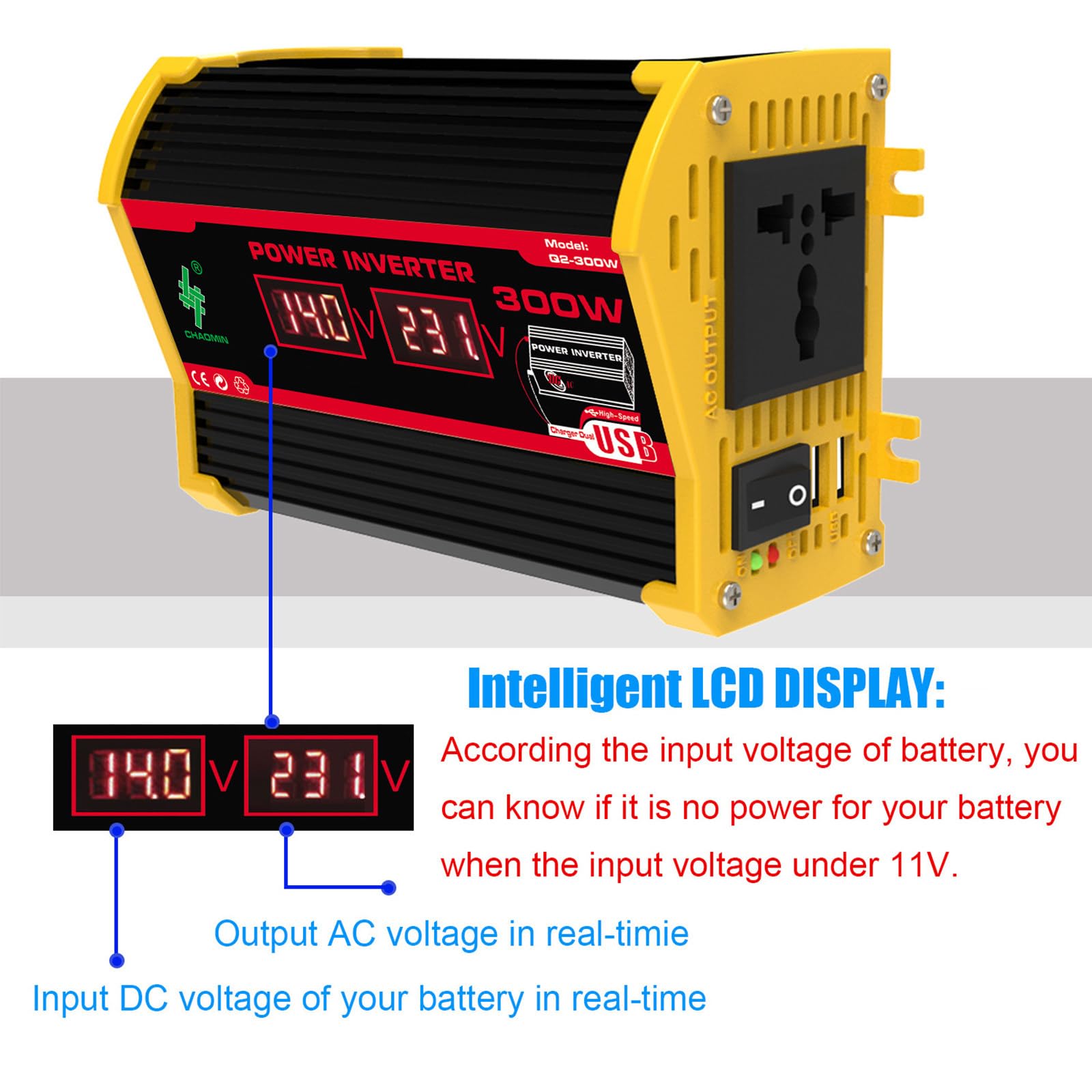 Inversor Solar híbrido para Coche, Fuera de la Red, de 12 V a 220 V/110 V, 300 W, para Coche, con conversión de Onda modificada de Alta frecuencia,Black-300W